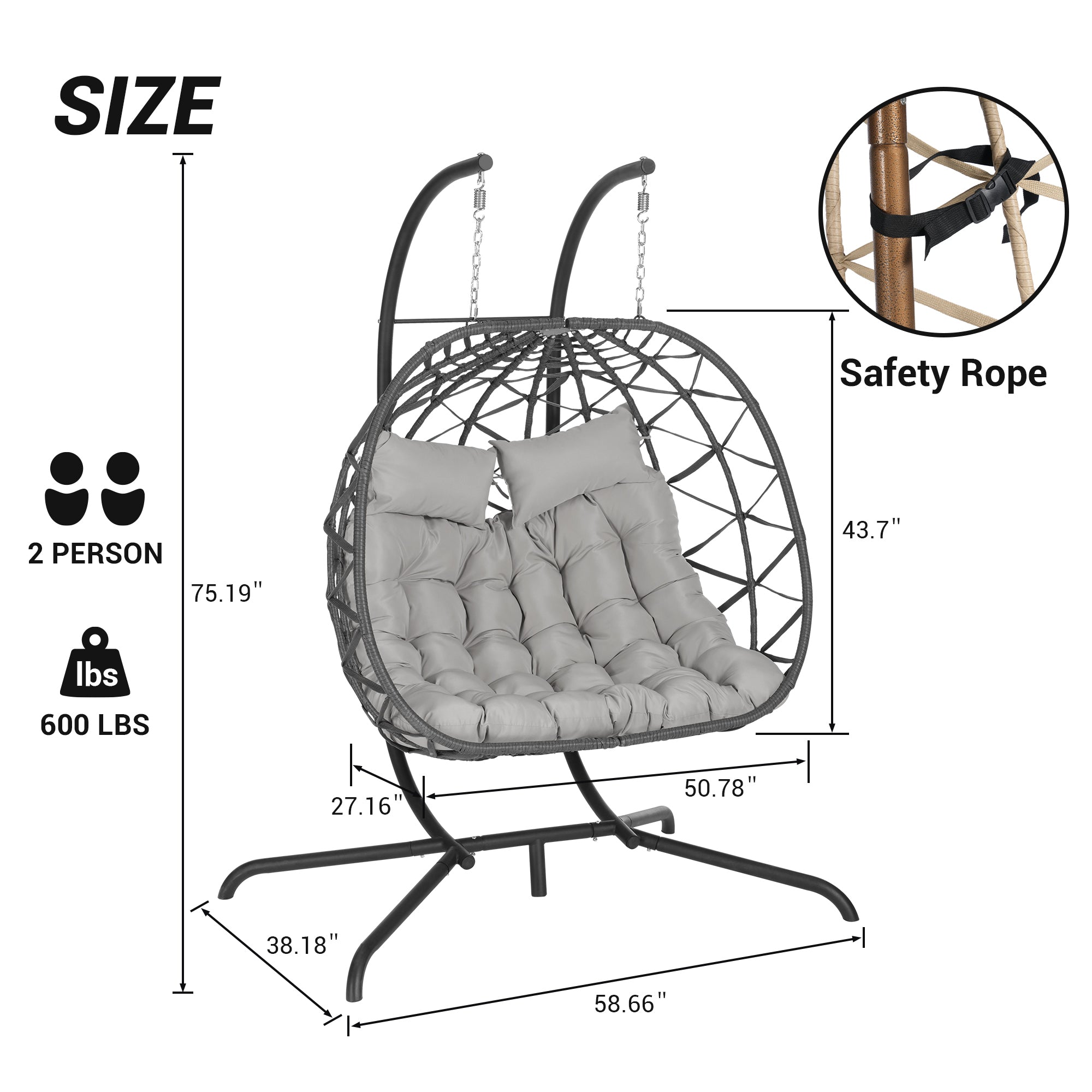 Double Egg Chair with Stand - Hanging Indoor/Outdoor Wicker Rattan Swing Chair with UV-Resistant Cushions (600 lbs Capacity) - Perfect for Bedroom, Balcony, Patio, Garden & Backyard Relaxation