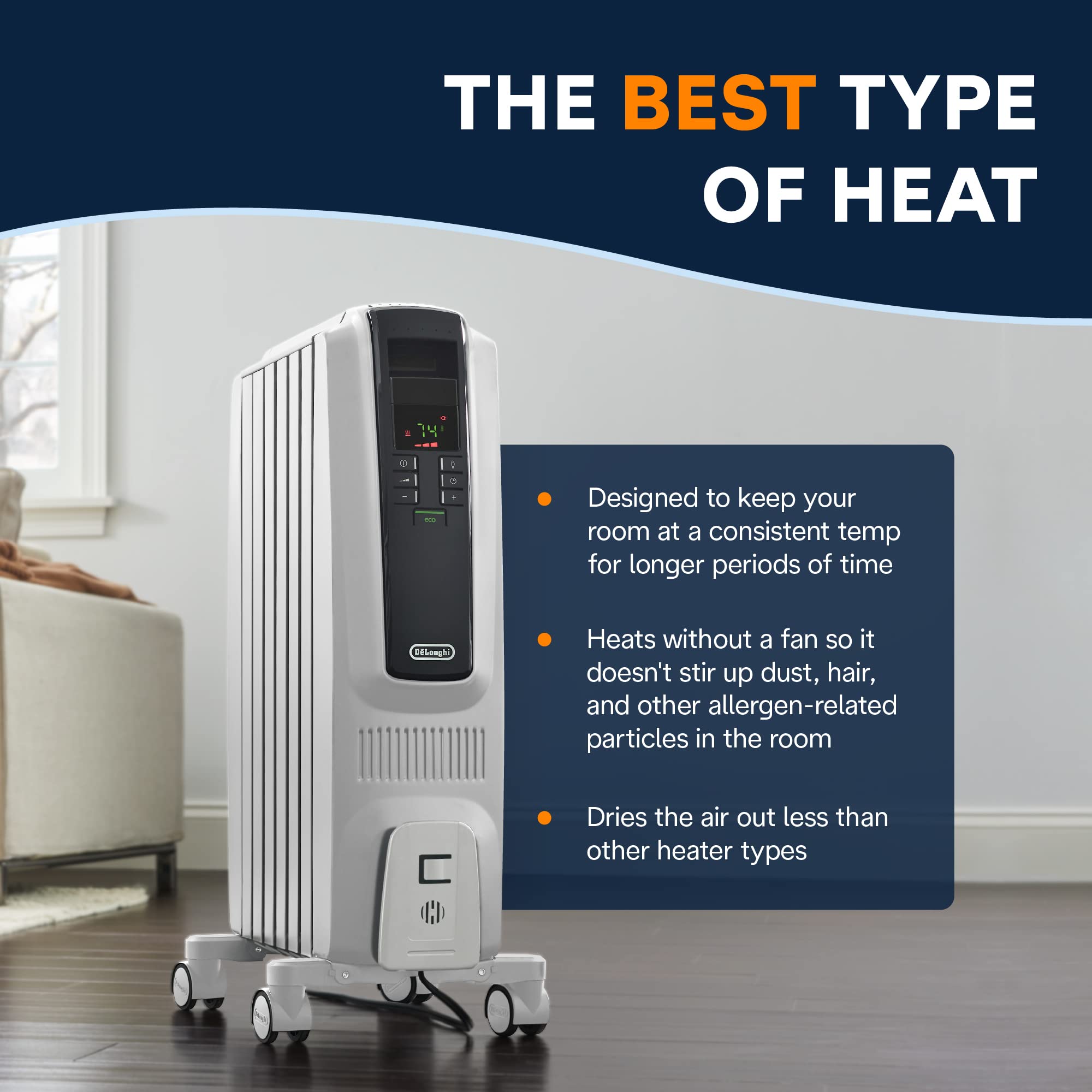 De'Longhi TRD40615E Digital Oil Filled Radiator Heater 1500W - Energy Efficient Electric Space Heater with Programmable Timer & Safety Features for Bedroom, Living Room, Office | Quiet Heating for Winter, All-Day Comfort