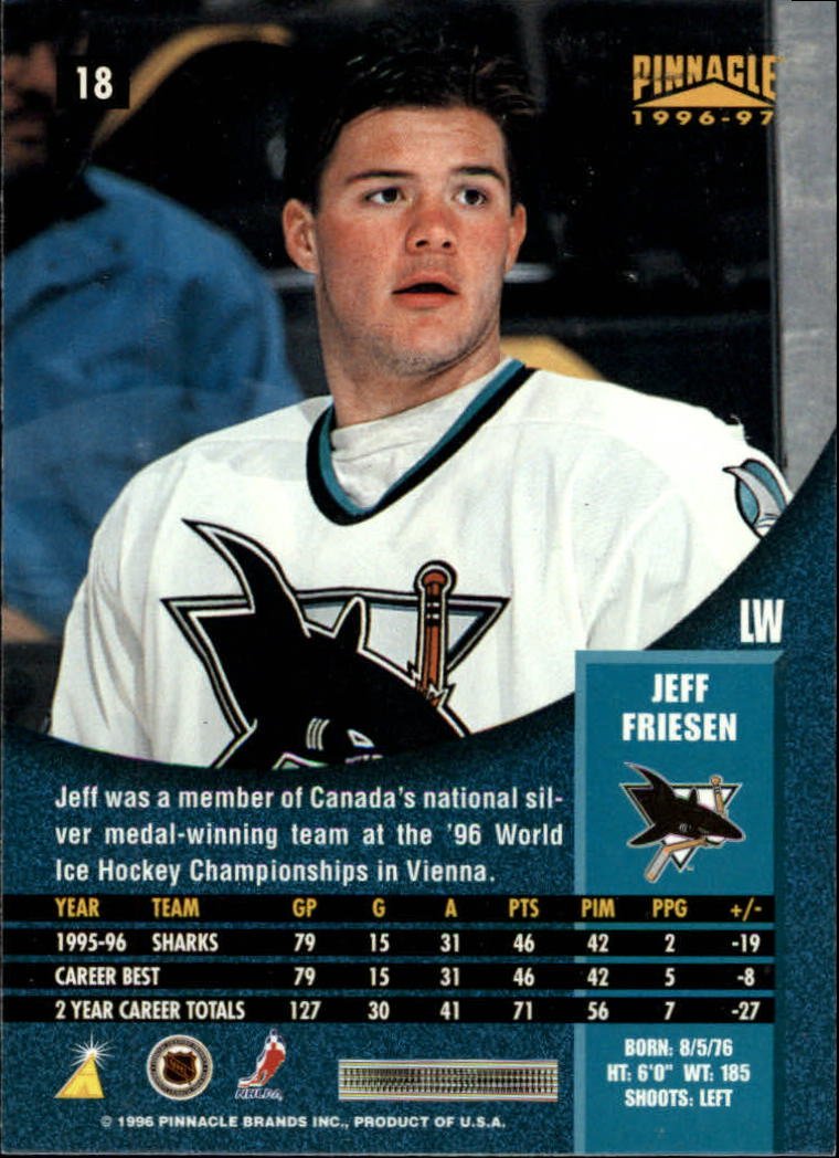 1996-97 Pinnacle Hockey Card #18 Jeff Friesen - NHL Collectible Trading Card for Sports Memorabilia Fans & Hockey Card Collectors - Perfect for Display, Trading, or Gift Giving