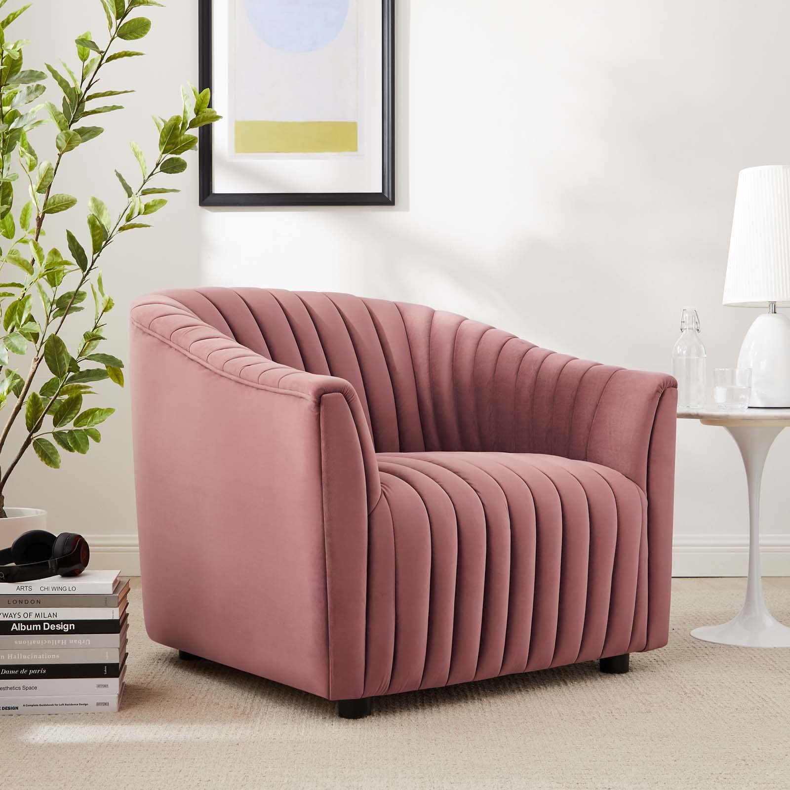 Modway Announce Performance Velvet Channel Tufted Armchair - Luxurious Dusty Rose Upholstered Accent Chair for Living Room, Bedroom & Office