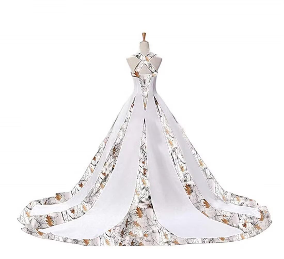 **ZVOCY Women's Camouflage Wedding Dress - Satin Camo Long Formal Gown for Bride - Elegant White Wedding Gown for Outdoor, Military, or Unique Theme Weddings**