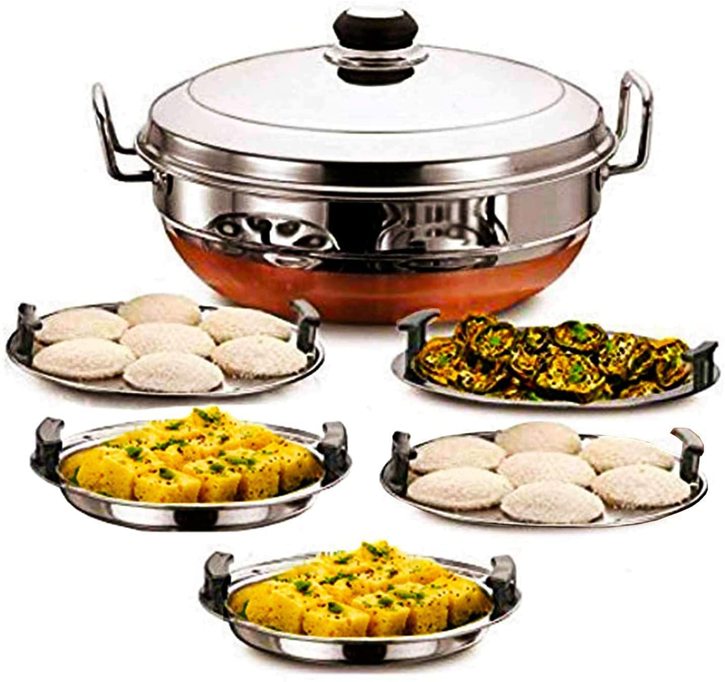 Premium Stainless Steel Multi Kadhai Steamer with Copper Bottom - 5-Piece Set (2 Idli Plates, 2 Dhokla Plates, 1 Patra Plate) | Silver Finish | Perfect for Indian Cooking, Steaming Snacks & Healthy Meals at Home