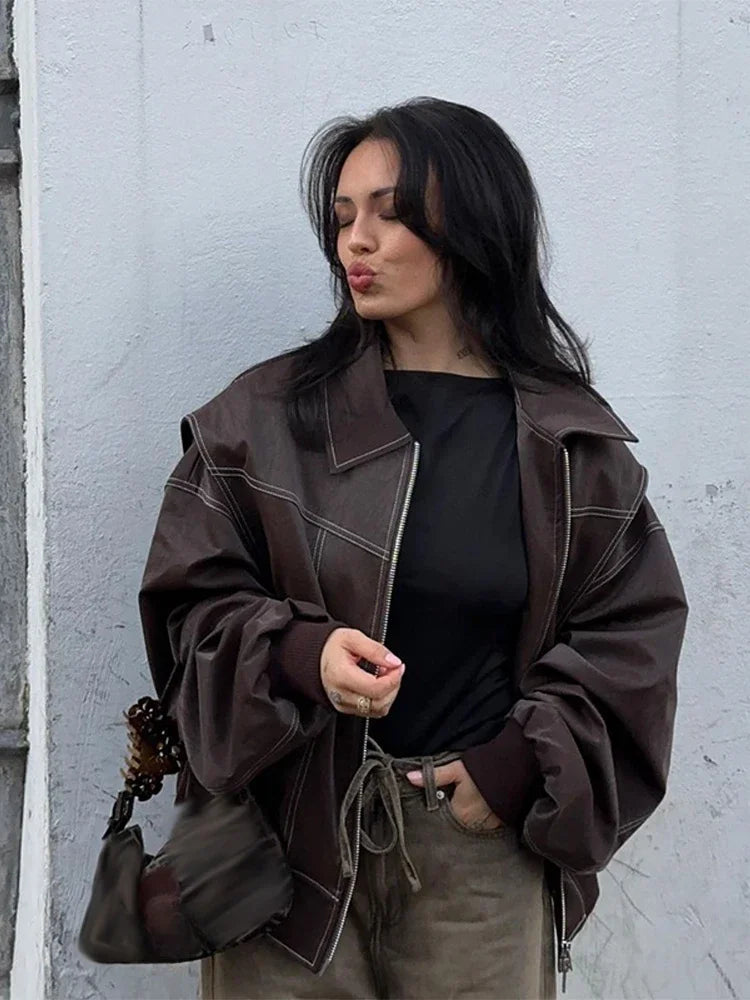 Stylish Women's Leather Bomber Jacket with Zipper - Autumn Casual Striped Coat, Chic Lapel & Long Sleeves | Perfect for Motorcycle Riding, Fall Outfits & Everyday Fashion