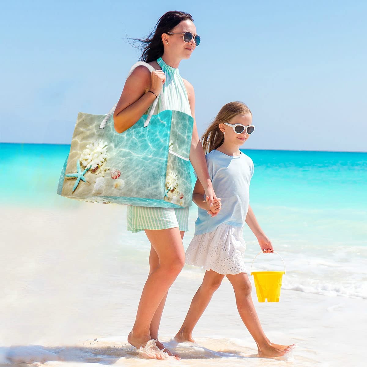 Stylish Large Beach Tote Bag with Seashell & Starfish Design - Durable Gym & Travel Shoulder Bag for Women | Perfect for Beach Trips, Shopping & Workout