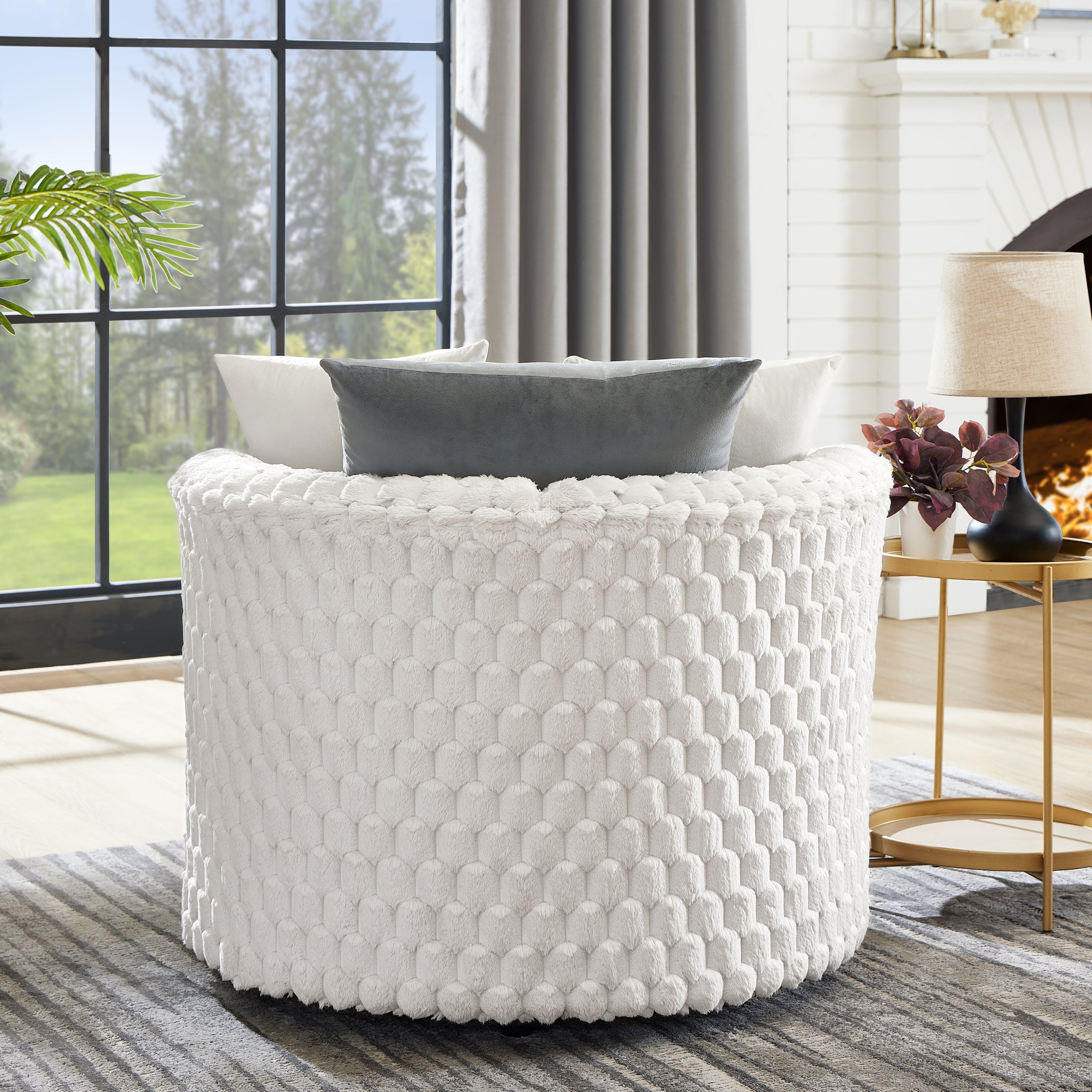 Roundhill Furniture Malna Plush 3D Upholstered Barrel Accent Chair with Wheels in Off White - Modern Rolling Lounge Chair for Living Room, Bedroom or Office