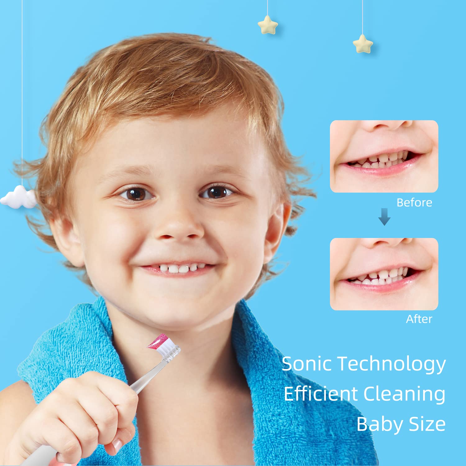 SEAGO Electric Toothbrush for Kids Ages 1-3 | Baby Toothbrush with LED Timer & Sonic Technology | 4 Replacement Brush Heads (Blue) | Gentle Cleaning for Toddler's First Teeth | Perfect for Bath Time & Morning Routines