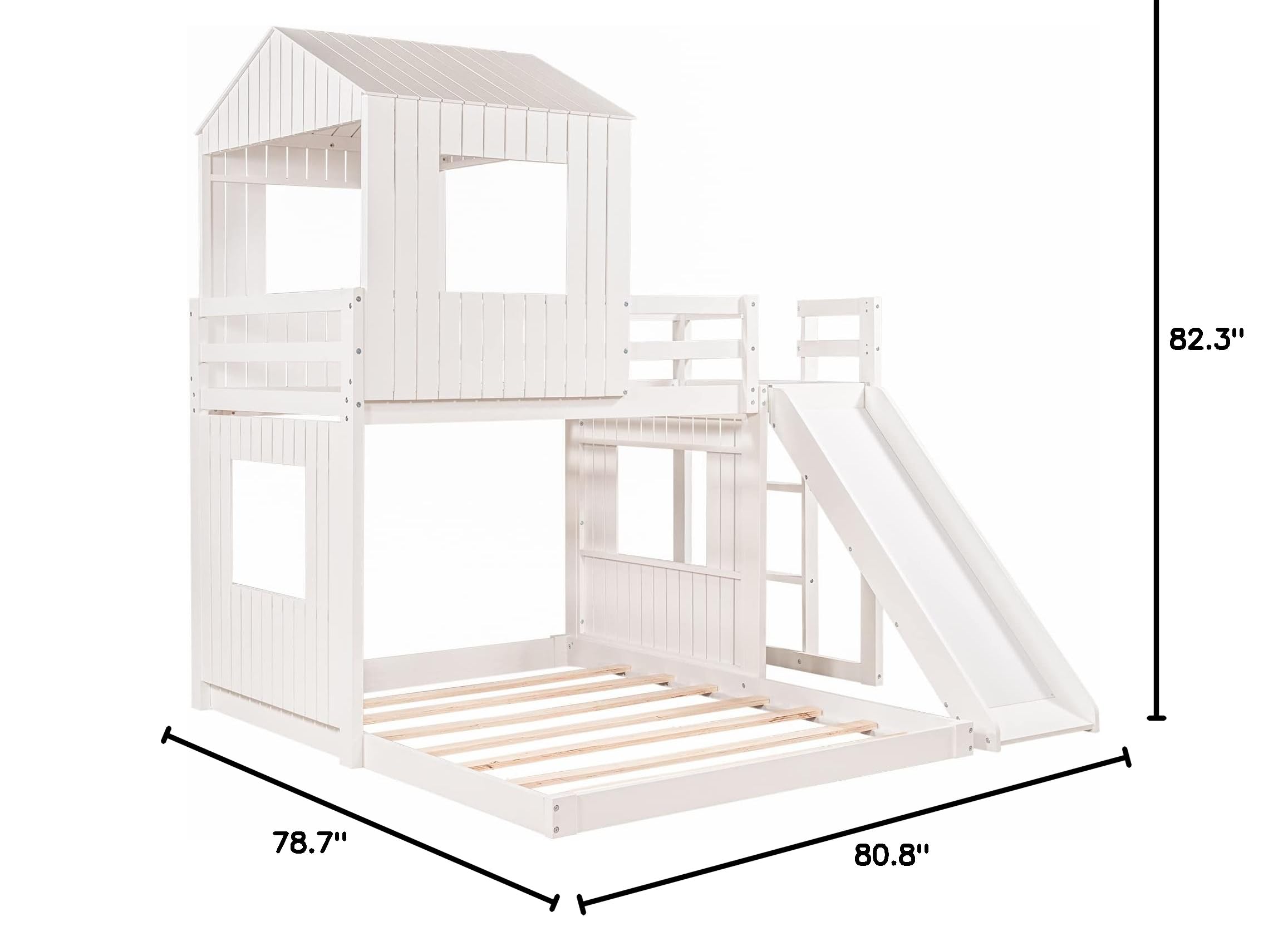 Merax Twin Over Full Bunk Bed Frame with Slide - Sturdy Wooden House Design with Safety Guardrails & Ladder - Space-Saving Kids Bedroom Furniture for Boys, Girls, Teens - Perfect for Shared Rooms, Sleepovers & Small Spaces