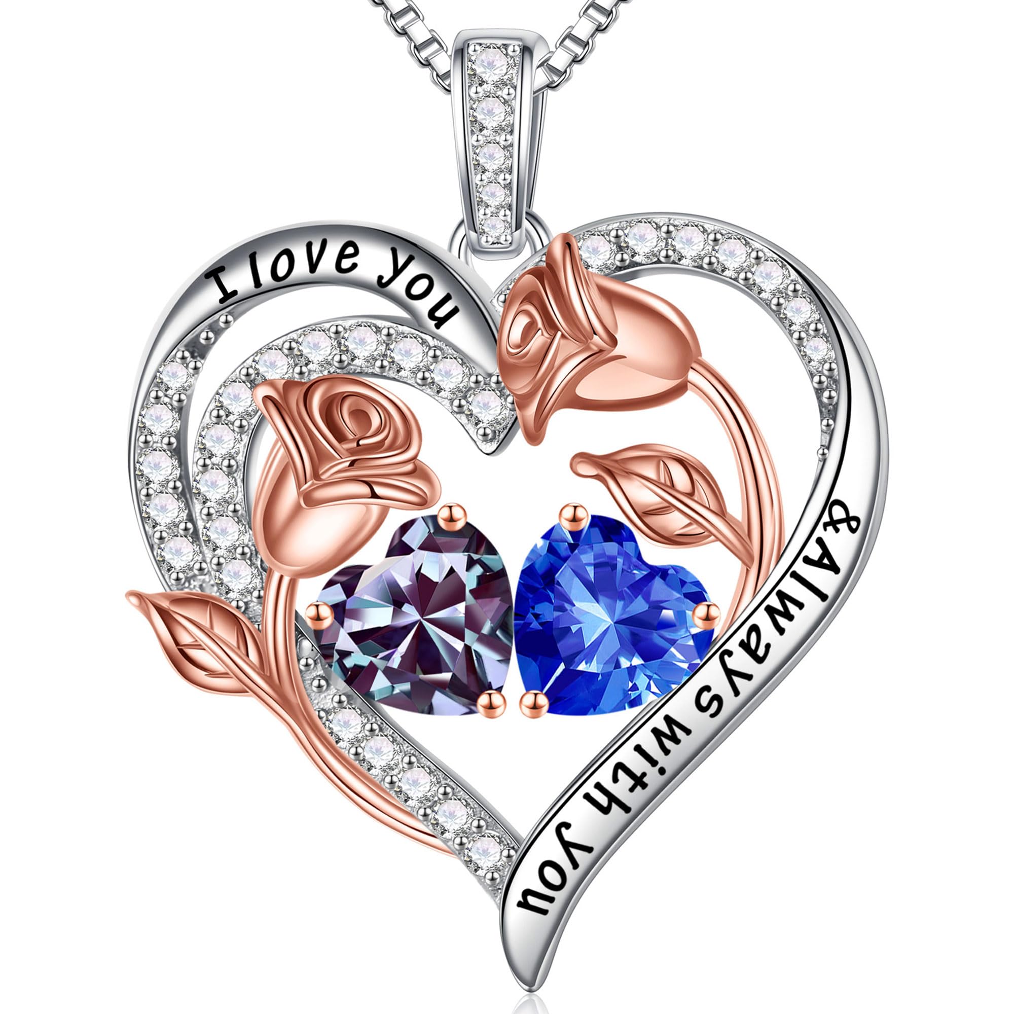 925 Sterling Silver Rose Heart Birthstone Necklace for Women - Personalized Birthday, Anniversary & Mother's Day Jewelry Gift for Wife, Mom, Daughter | Elegant Everyday Wear & Special Occasion Present