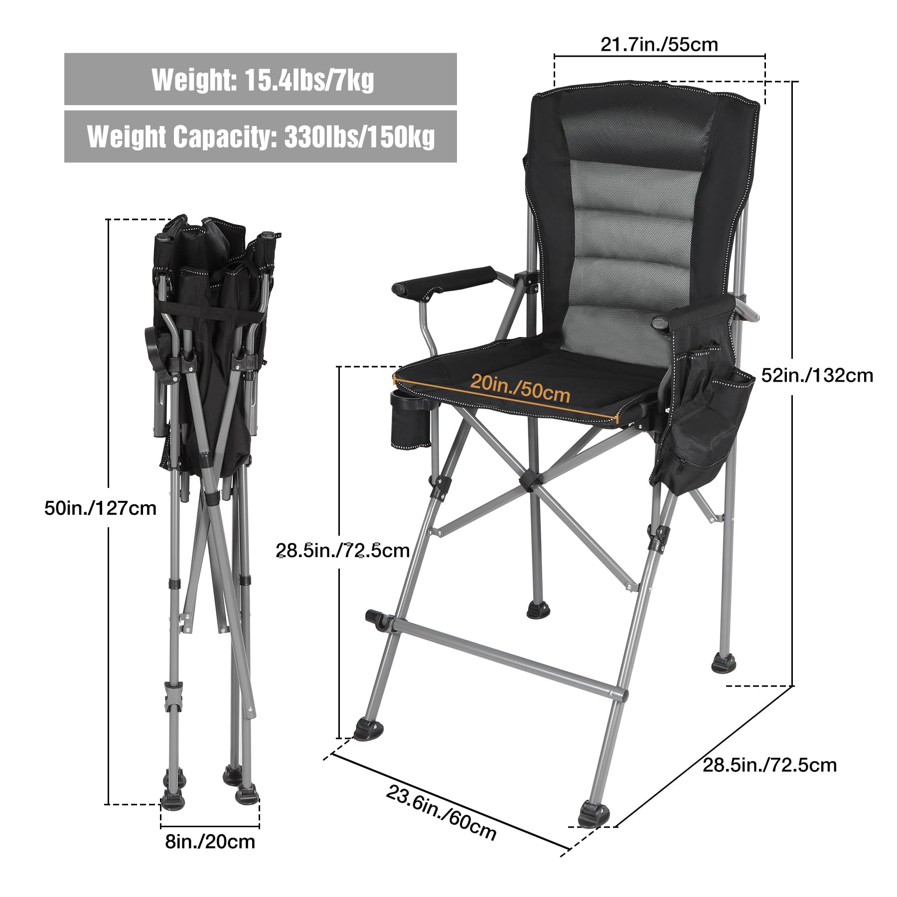 Extra Tall Folding Chairs for Adults 330lbs - Heavy Duty Portable Bar Height Director Chairs with High Back & Footrest - Comfortable Foldable Camping Chairs with Makeup Pocket - Perfect for Outdoor Events, BBQs, Beach, and Patio Use (Black)