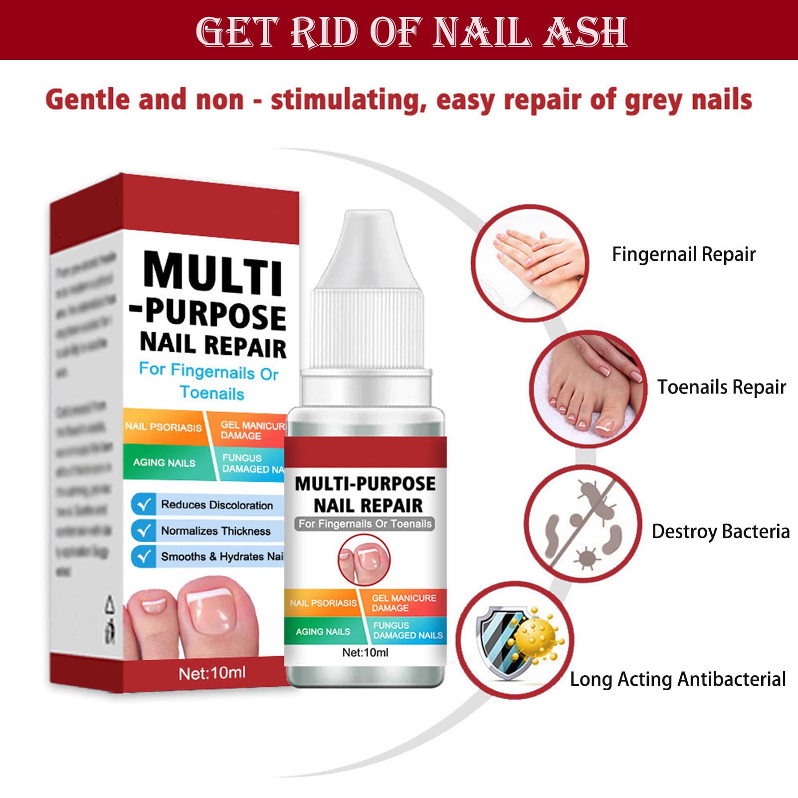 Extra Strong Fungal Nail Treatment for Toenails & Fingernails | Safe & Effective Nail Repair Lotion | Fixes Discolored & Damaged Nails | Multi-Purpose Antifungal Solution (10ML, Red) | Perfect for Athletes, Swimmers & Daily Foot Care