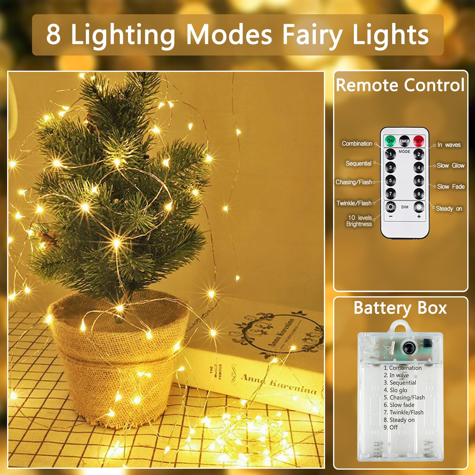 2 Pack Fairy Lights Battery Operated with Remote Control Timer - 33ft LED String Lights for Indoor Outdoor Decor, 8 Lighting Modes - Perfect for Christmas, Wedding, Birthday Party, Bedroom, Garden & Patio Lighting (Warm White)