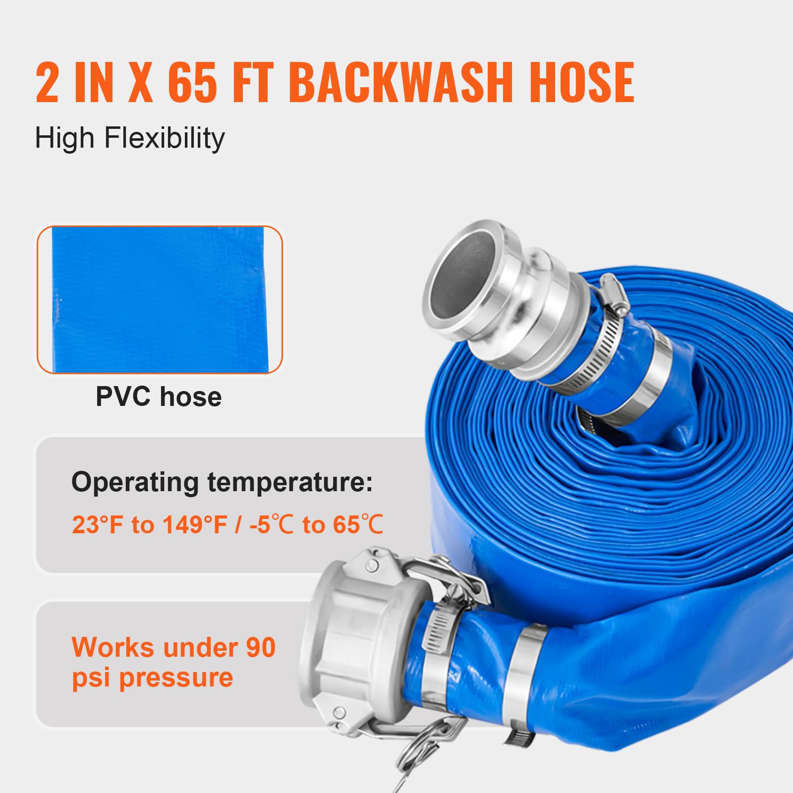 VEVOR 2 in x 65 ft Blue Backwash Hose & 20 ft Green Suction Hose Kit with Steel Strainer & Camlocks - Water Pump Accessories for Pool Cleaning, Pond Maintenance & Industrial Use