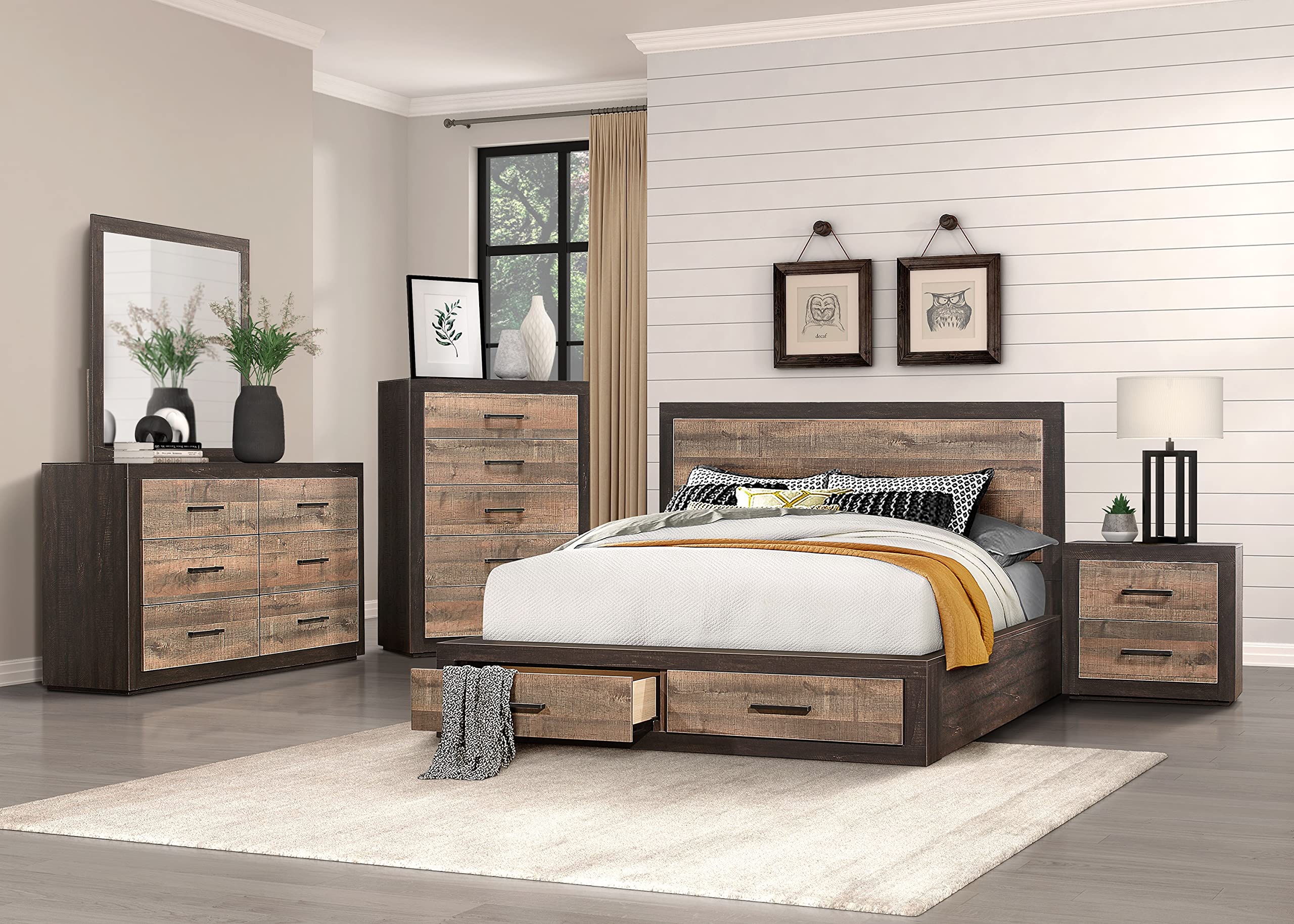 Modern 5-Piece King Size Platform Bedroom Set with Nightstands, Dresser, Mirror & Storage Footboard - Solid Wood Furniture for Luxurious Master Bedroom Decor