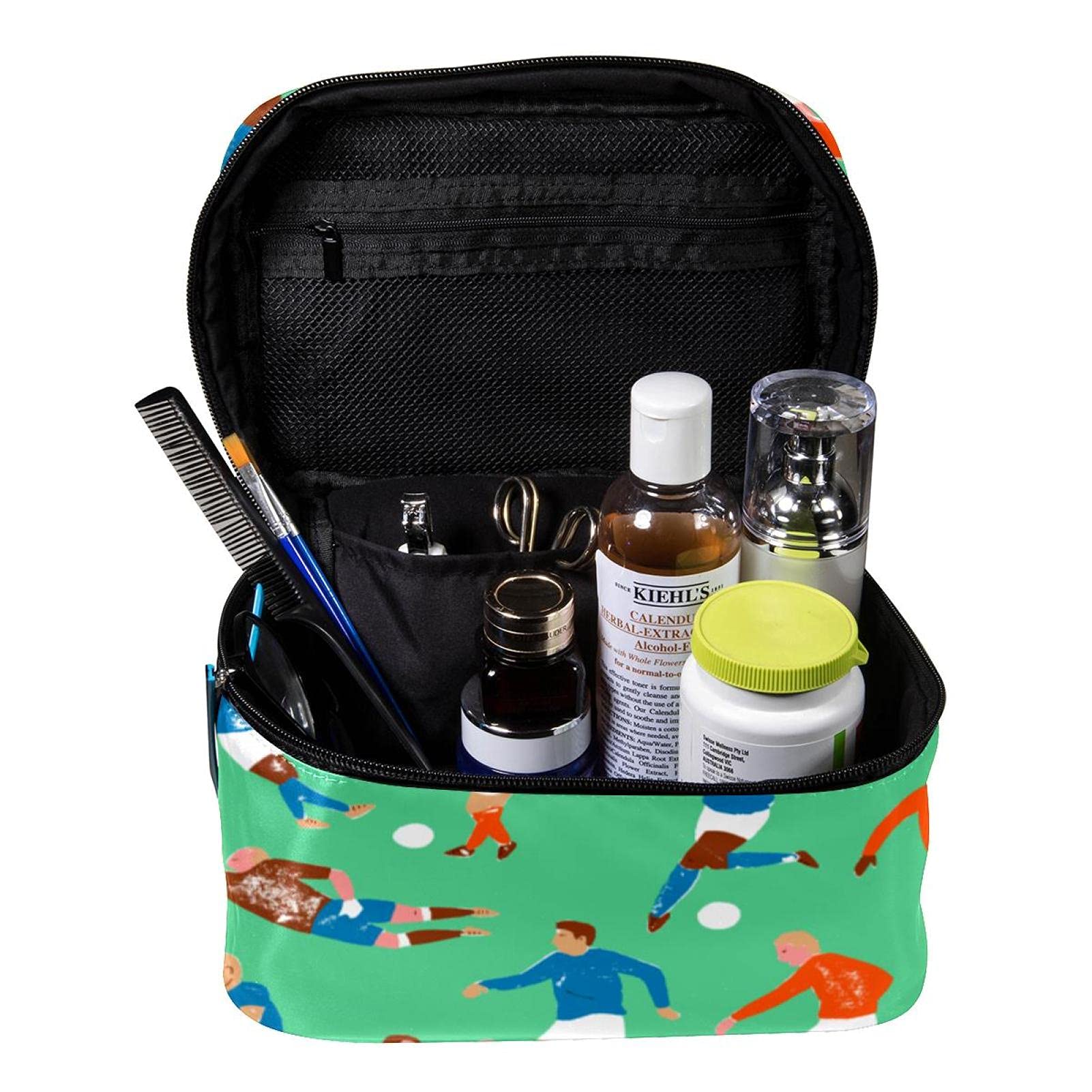 Premium Green Soccer Pattern Travel Makeup Bag - Large Cosmetic Organizer with Zipper for Women & Girls | Perfect for Sports Travel, Gym Essentials & Toiletry Storage