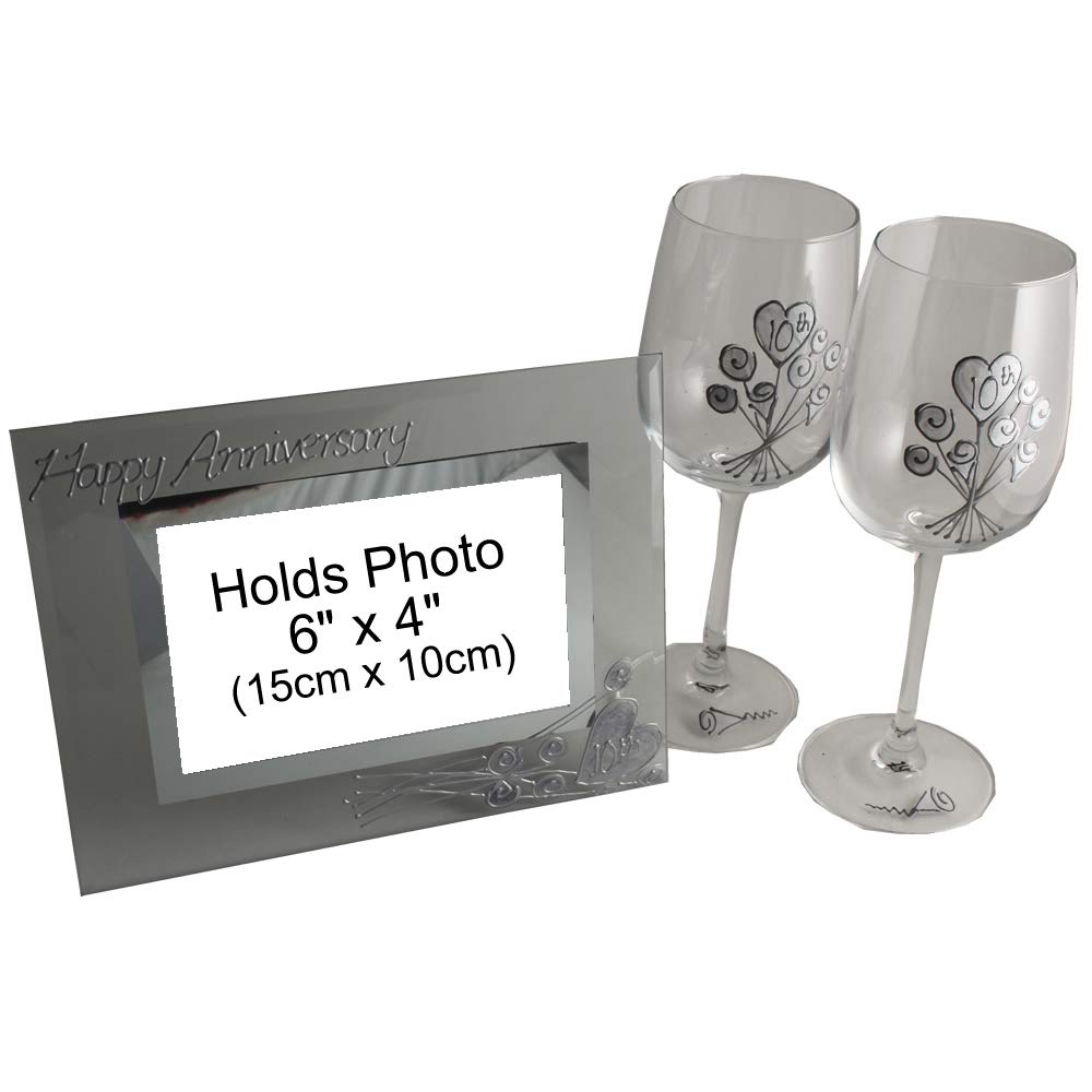 Dreamair 10th Tin Wedding Anniversary Gift Set - Engraved Wine Glasses & Photo Frame for Couples | Romantic Anniversary Present for Him & Her | Perfect for Celebrations, Toasts & Displaying Memories