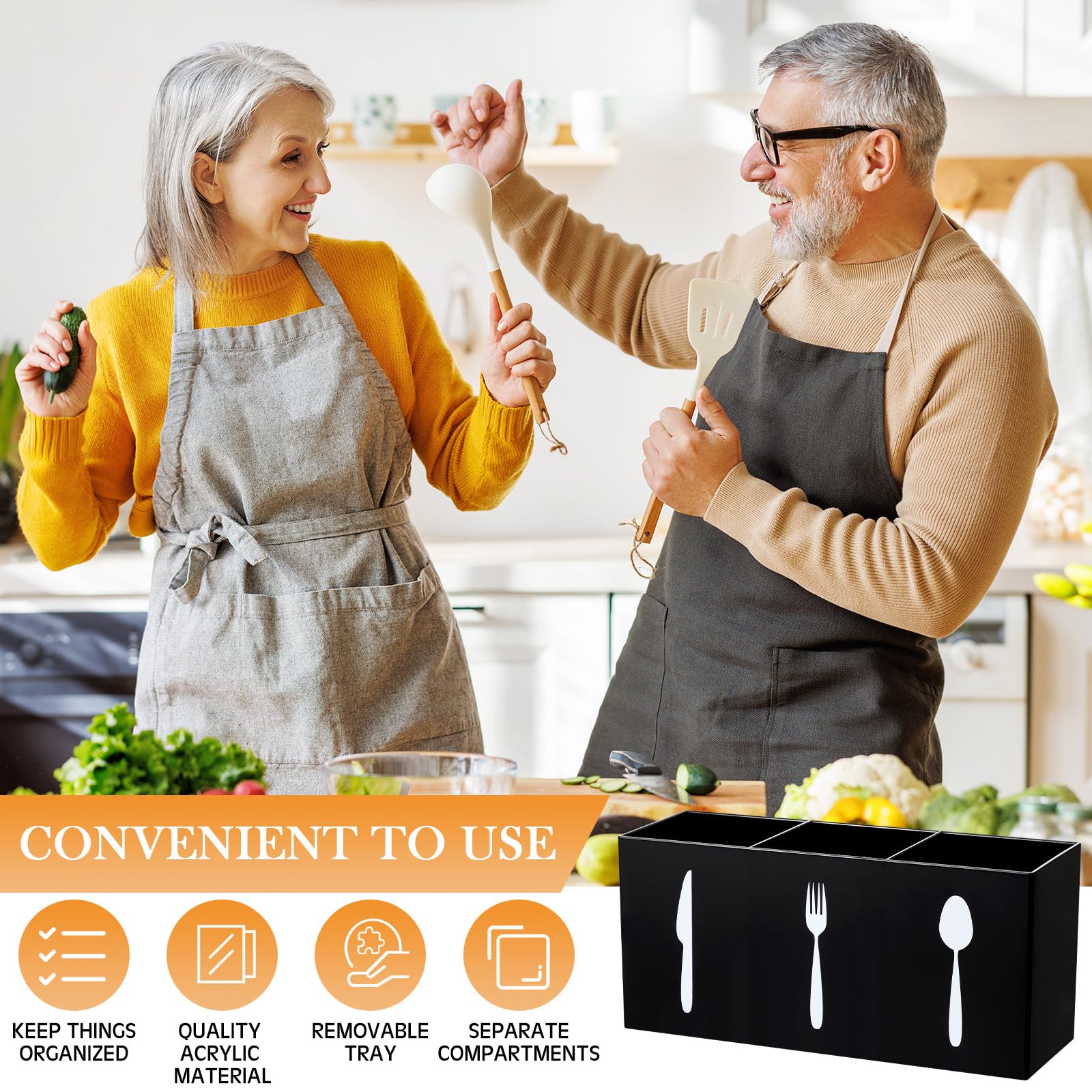 Acrylic Cutlery Storage Organizer - 3-Section Silverware Caddy for Knives, Spoons & Forks | Countertop & Cabinet Kitchen Organizer | Durable Tableware Holder for Dining Room & Home (Black) | Perfect for Kitchen Counter Organization & Flatware Storage
