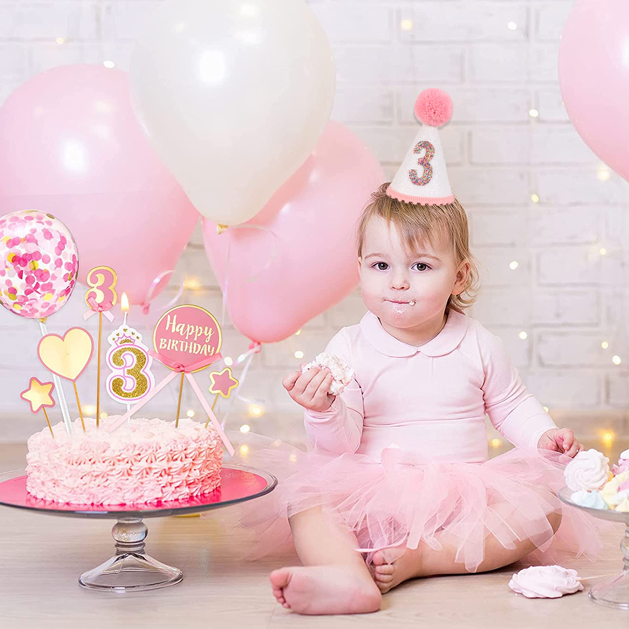 Sparkly Pink Glitter Birthday Hat for Girls with Pom Topper - Cute Party Decorations for Birthday Celebrations, Tea Parties & Photo Shoots