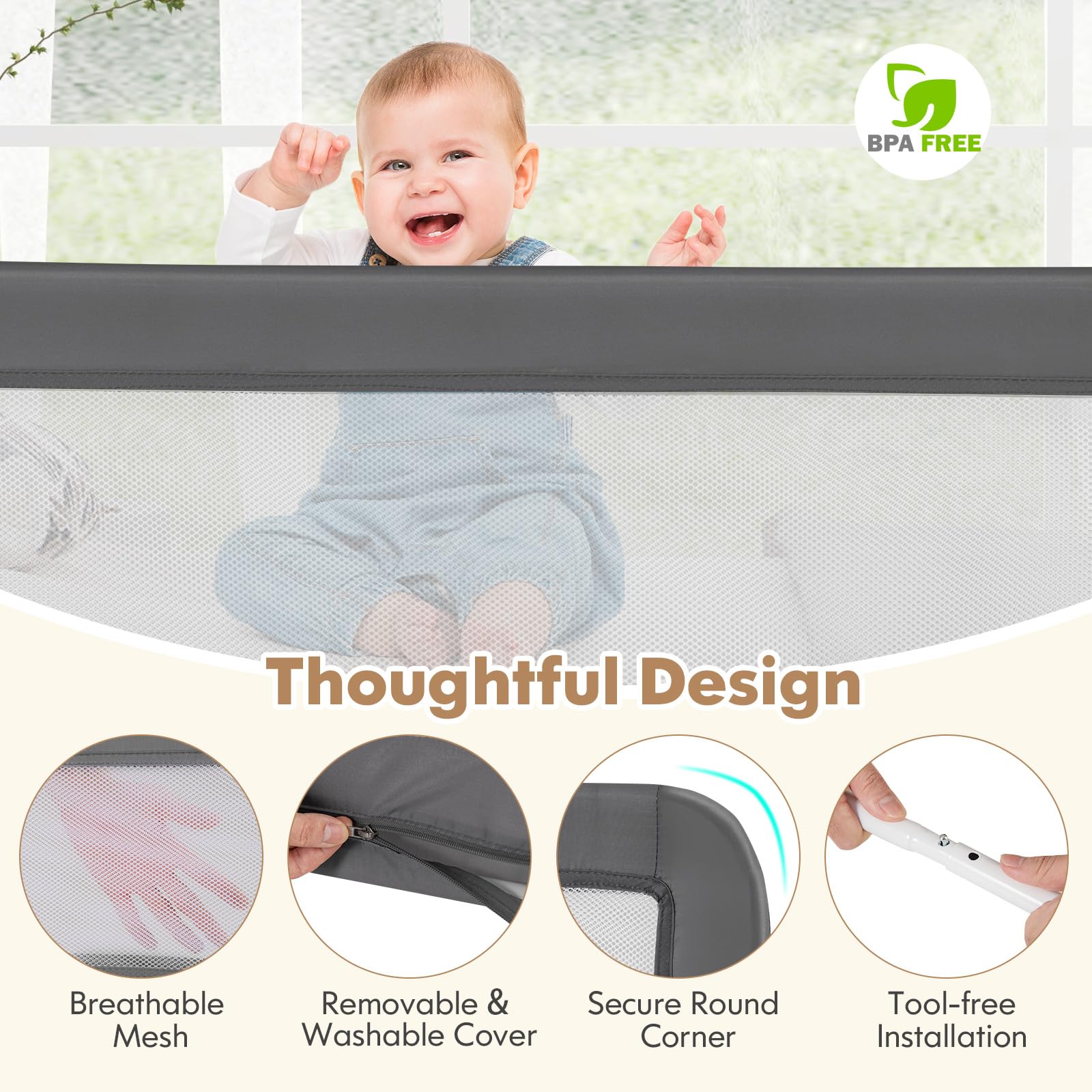 Costzon Extra Long Swing Down Bed Rail for Toddlers - 2 Pack Safety Bed Guards with Straps, Fits Convertible Crib, Twin, Full, Queen & King Size Beds - Foldable Baby Bed Rail (59 Inch, Gray) - Perfect for Toddler Safety & Transition from Crib to Big Kid Bed