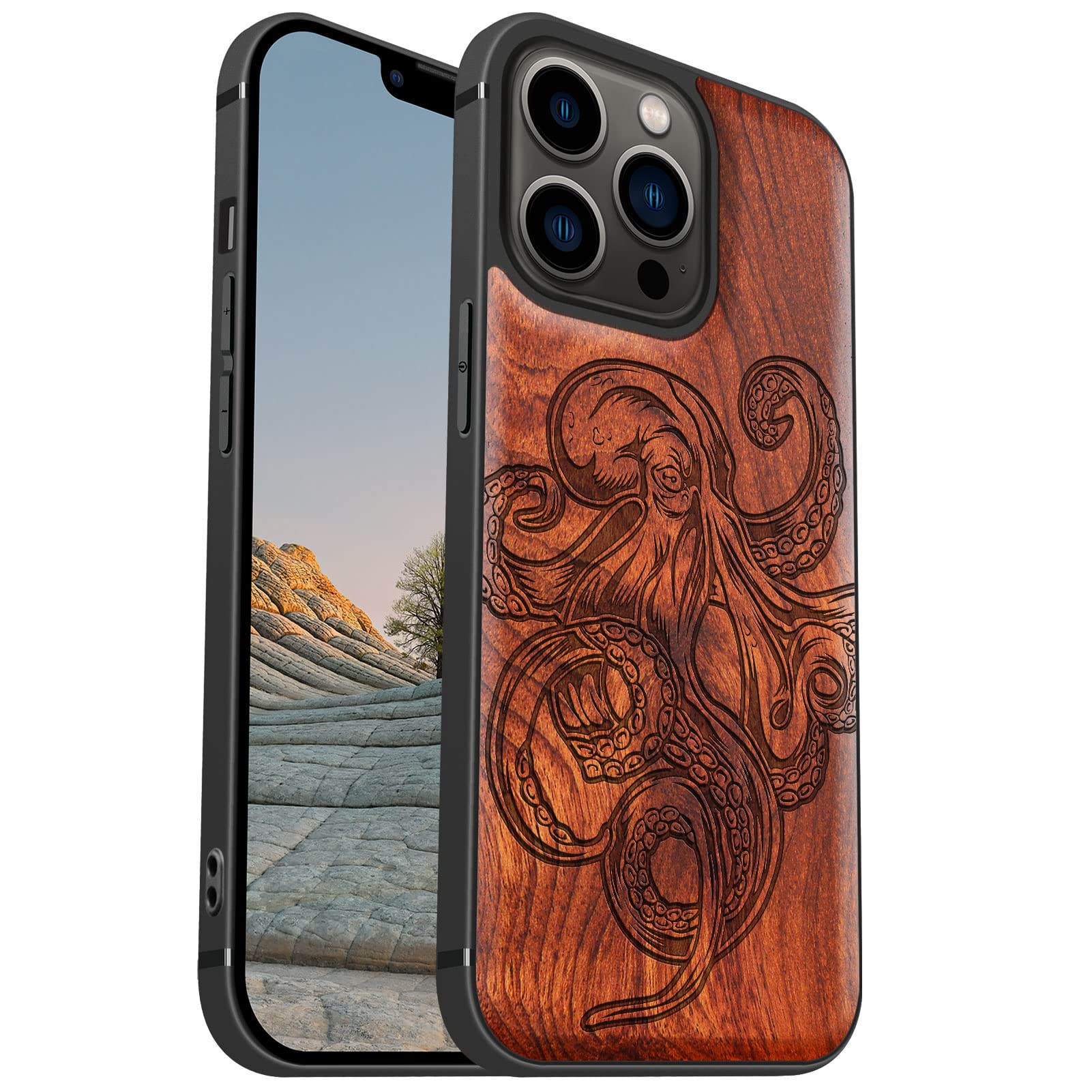 Carveit Magnetic Wood Case for iPhone 13 Pro - Natural Wood & Black TPU Shockproof Protective Cover with MagSafe Compatibility | Octopus Design Red Wood | Perfect for Outdoor Adventures & Business Meetings
