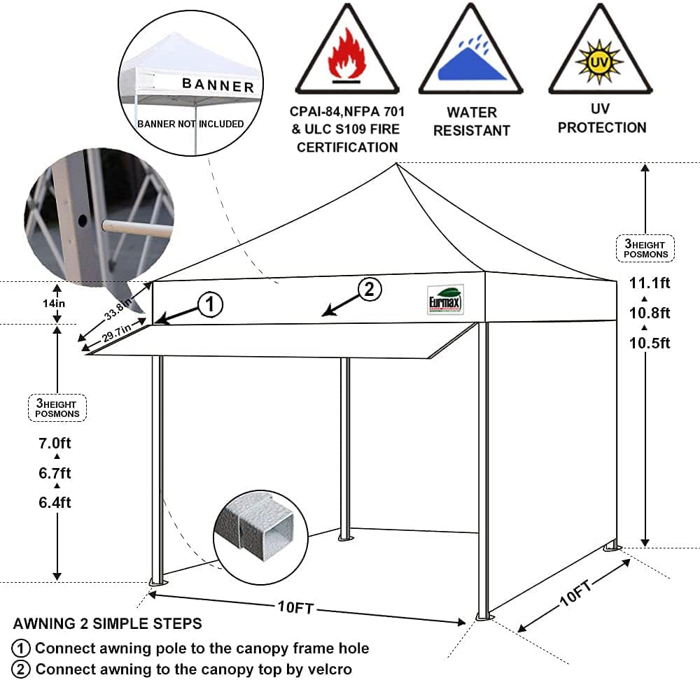 Eurmax USA 10x10 FT Pop Up Canopy Tent with 4 Removable Zippered Sidewalls, Roller Bag, 4 Sand Bags & 24 Sq Ft Extended Awning - Blue Outdoor Party Canopy for Backyard, Beach, Camping & Events
