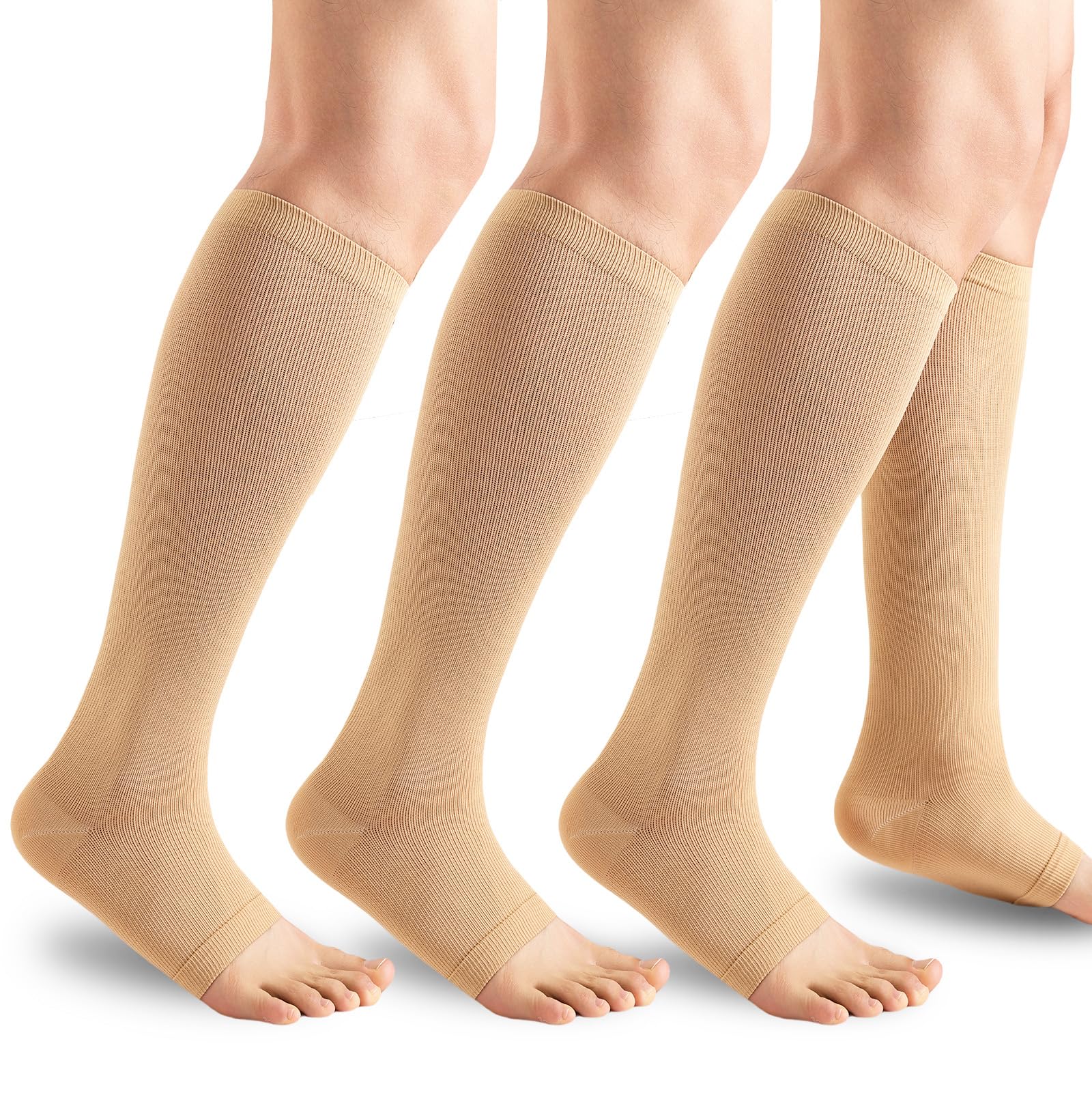 3 Pack Open Toe Compression Socks for Men & Women - 15-20 mmHg Knee High Stockings for Circulation Support, Varicose Veins & Swelling Relief - Ideal for Running, Travel & Nurses