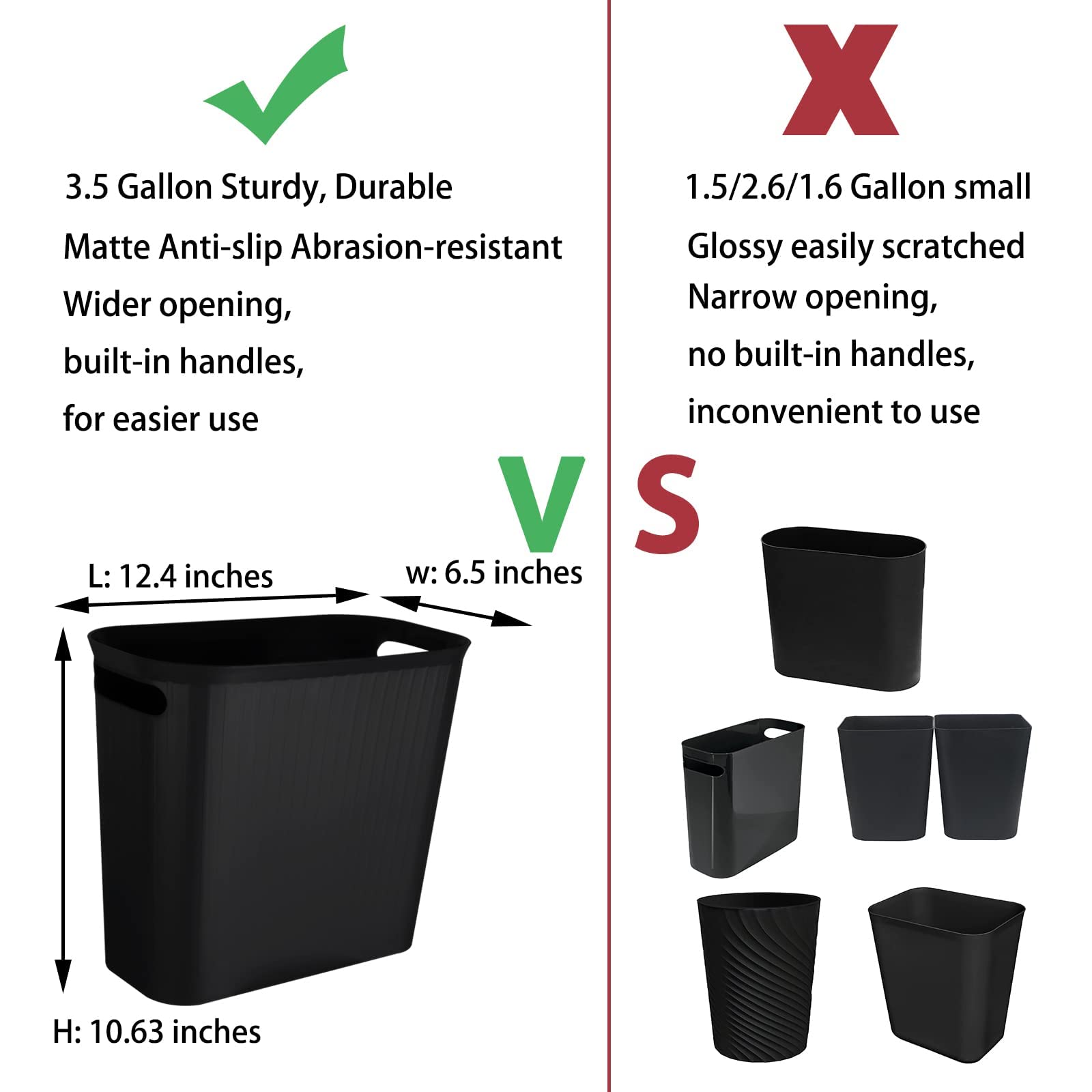 Rejomiik 3.5 Gallon Slim Plastic Trash Can with Handles - Small Waste Basket for Bathroom, Bedroom, Office, Kitchen & Dorm - Space-Saving Rectangular Garbage Bin (Black) | Perfect for Tight Spaces & Home Organization
