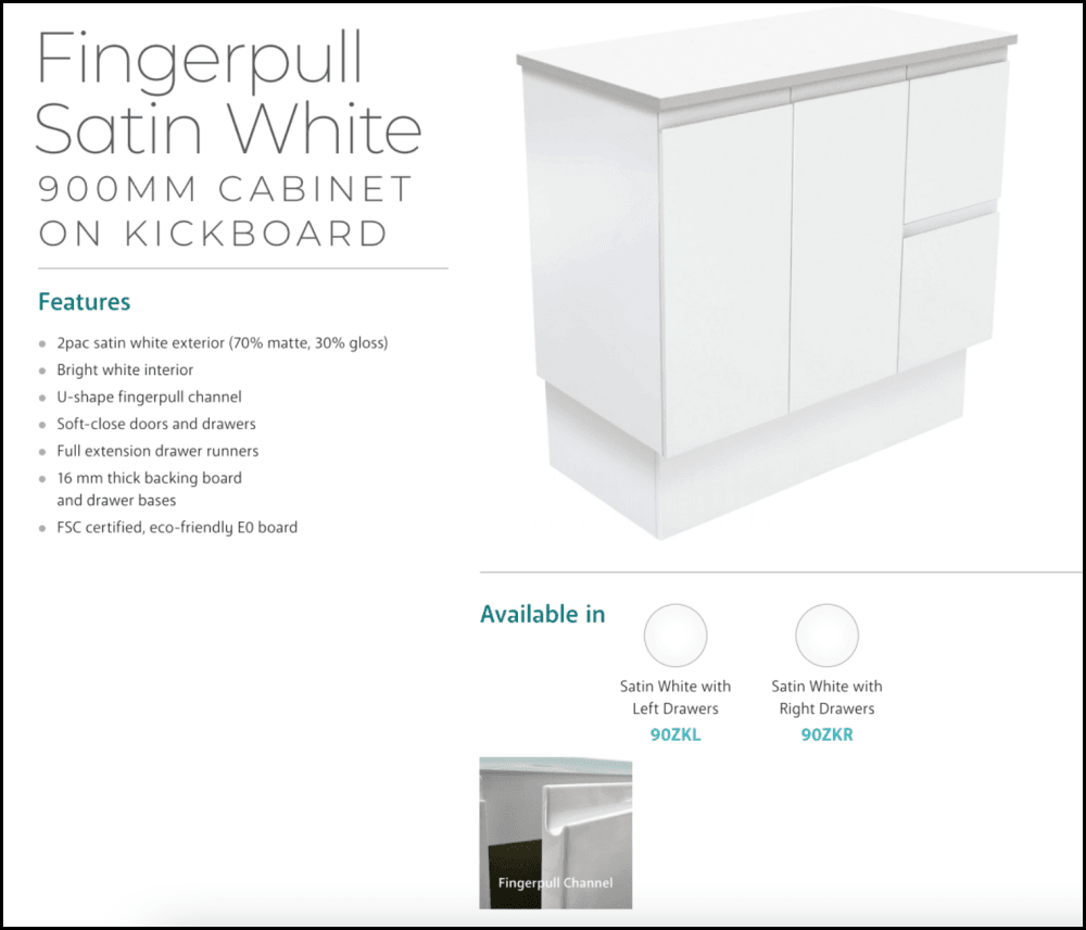 Fienza 900mm TCLB90ZKR Dolce Matte Black Fingerpull Satin White Bathroom Vanity with Kickboard & Right Drawers - Perfect for Modern Home Bathroom Renovation and Space-Saving Storage Solutions