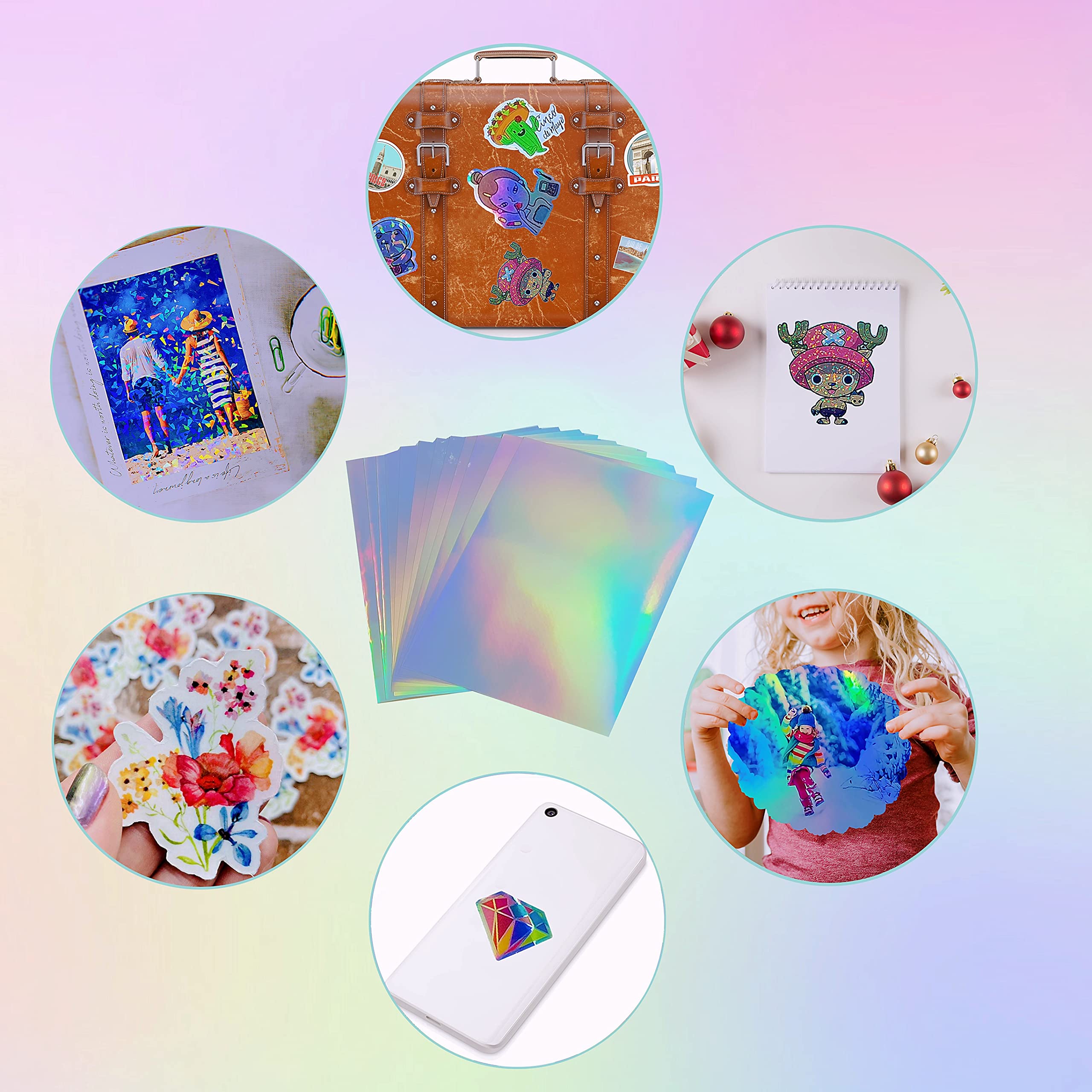 20 Sheets Printable Holographic Sticker Paper 8.5x11 Inch - Waterproof Rainbow Vinyl Stickers for Inkjet/Laser Printer - DIY Crafts, Scrapbooking, Laptop Decoration, Gift Wrapping
