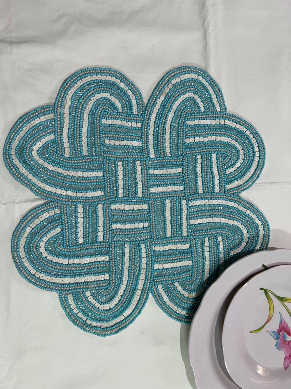 HM Creations Blue Floral Beaded Placemats Set of 4 - 13x13 Inch Luxury Table Mats for Dining, Spring Decor & Special Occasions - Elegant Charger Plates for Wedding, Party & Home Decor