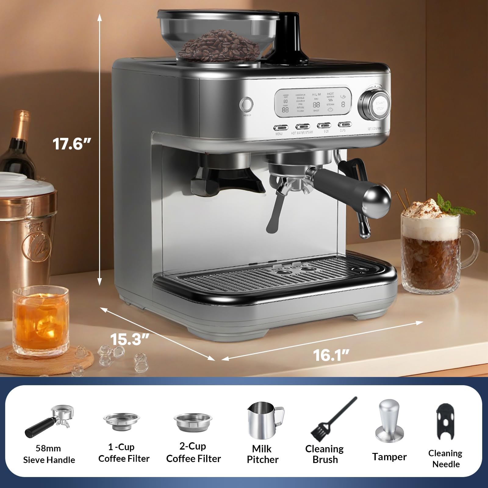 Premium 15 Bar Espresso Machine with Milk Frother & PID Temperature Control - 1350W LCD Coffee Maker for Latte, Cappuccino & Barista Drinks - Perfect for Home Cafes & Office Coffee Stations (78OZ Water Tank)
