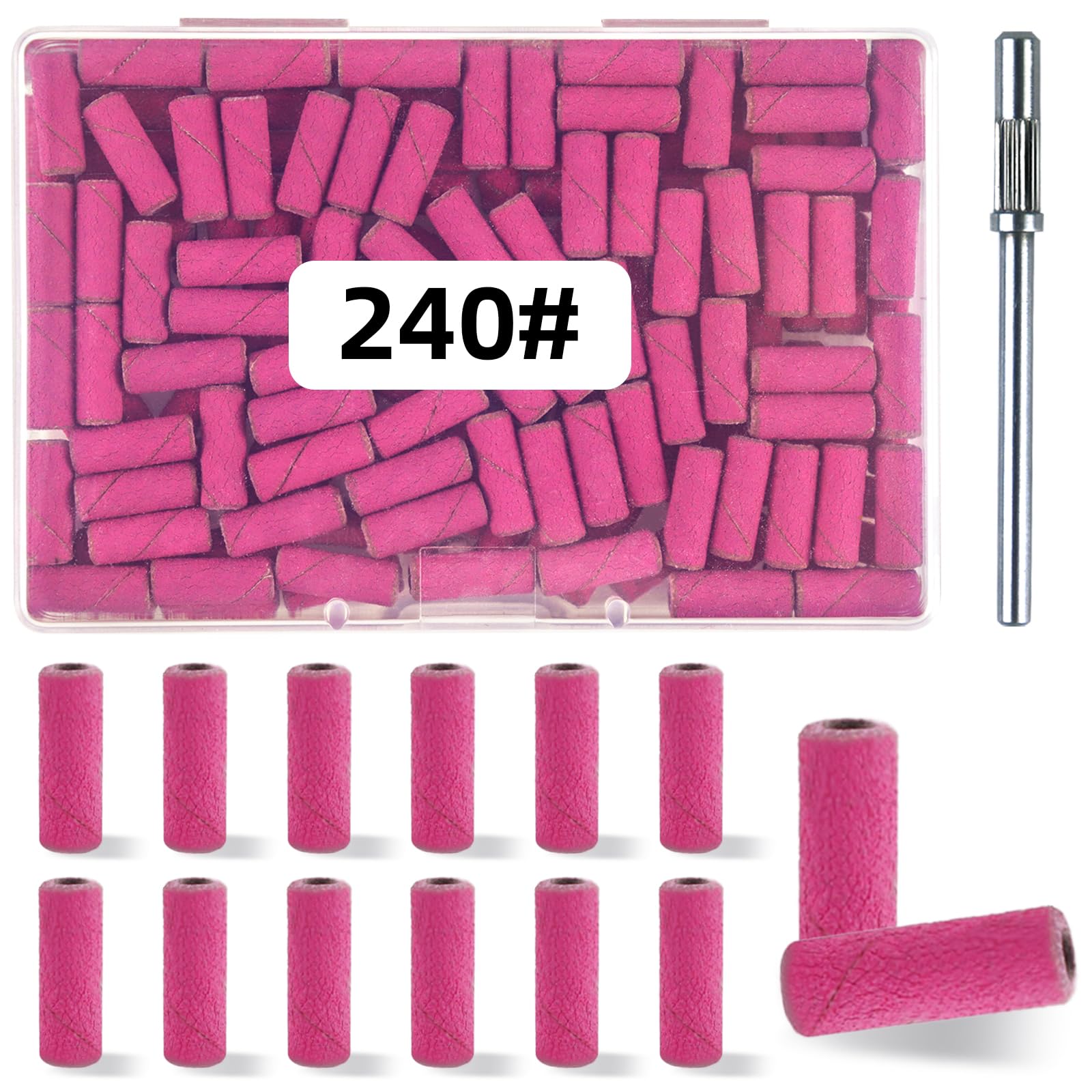 100 Pcs 240 Grit Pink Nail Sanding Bands for Drill - Professional Fine Grit Mini Sanding Bits with 3.1mm Mandrel - Perfect for Acrylic Nails, Manicures & Pedicures at Home or Salon