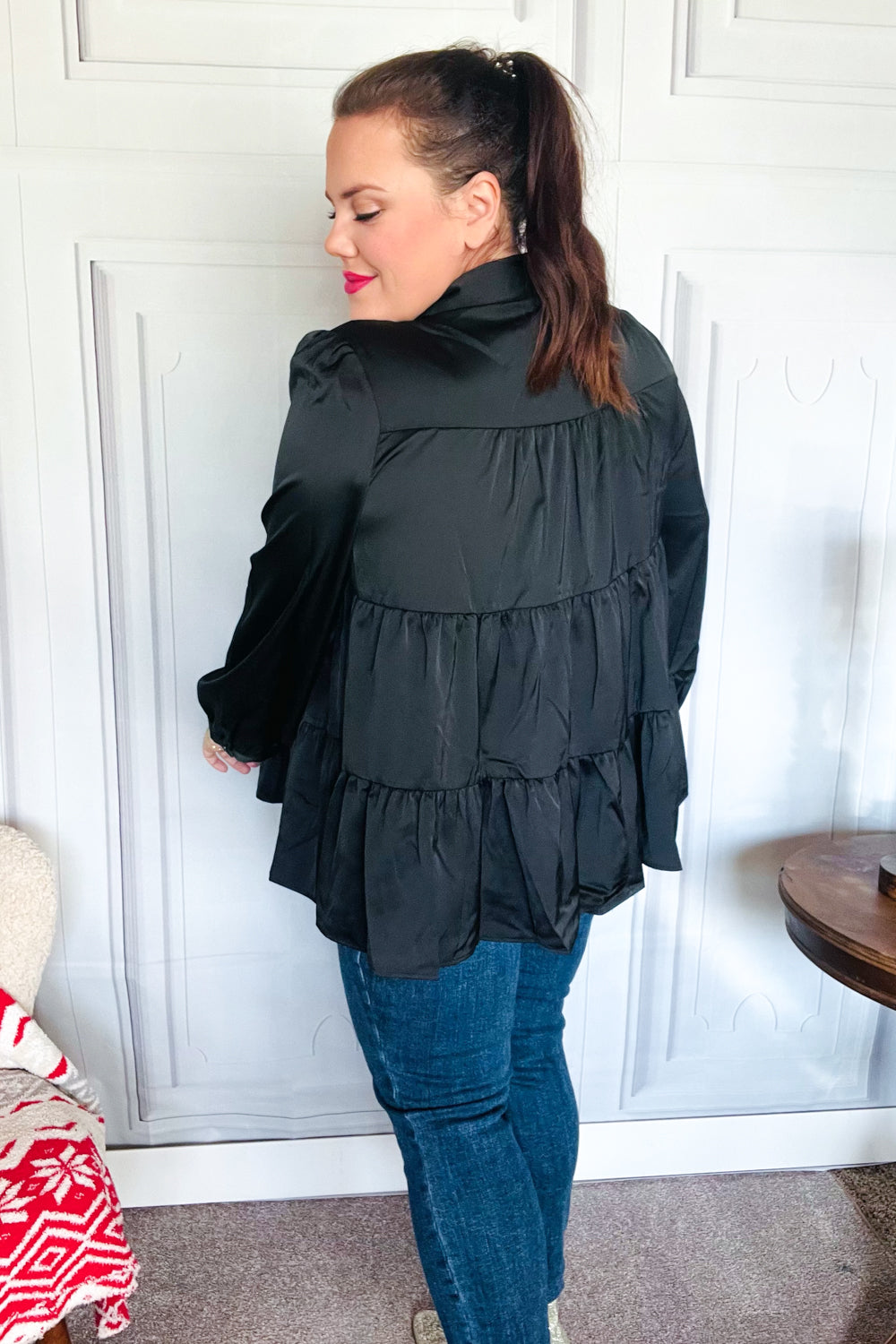 Perfectly You Black Button Down Tiered Babydoll Satin Top for Women | Elegant Sleeveless Blouse for Party, Date Night & Special Occasions