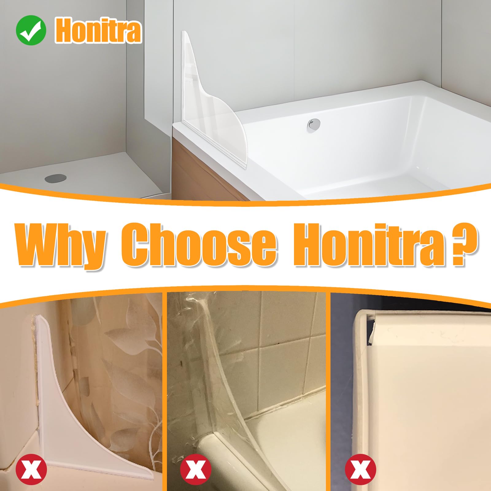 **Honitra Upgraded Self-Adhesive Shower Splash Guard for Bathtub - 2-Pack Waterproof Corner Guards to Prevent Leaks & Keep Water in Shower - Perfect for Bathroom, Kids, and Pets**