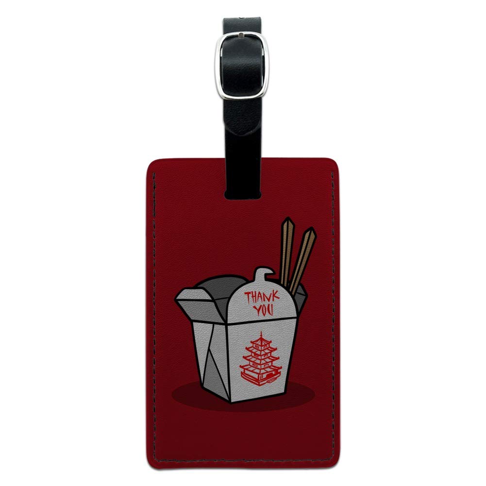 Chinese Takeout Food Box with Chopsticks - Rectangle Leather Luggage Tag & ID Holder for Travel, Office, and School Organization