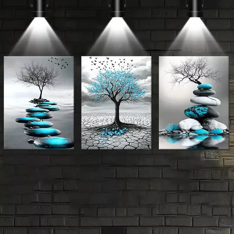 3-Piece Abstract Blue Leaves & Stones Dry Land Wall Art Set - Framed Canvas 50x70cm | High Quality Print | 100% Australian Made | Ready to Hang | Perfect for Living Room, Bedroom & Office Decor
