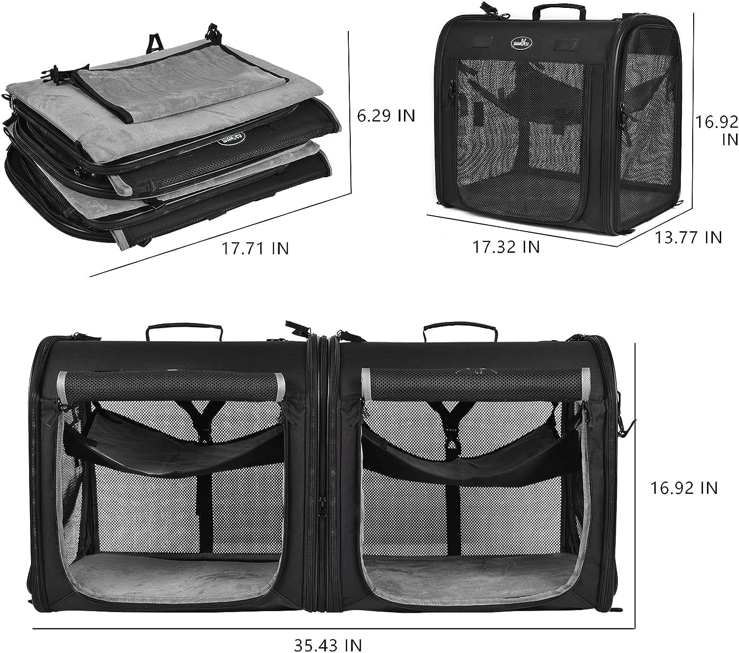 2-in-1 Portable Pet Carrier for Medium Dogs & Large Cats - Double Compartment Travel Crate with Carry Bag, Hammock, Mats & Bowls - Perfect for Camping, Hiking & Outdoor Adventures
