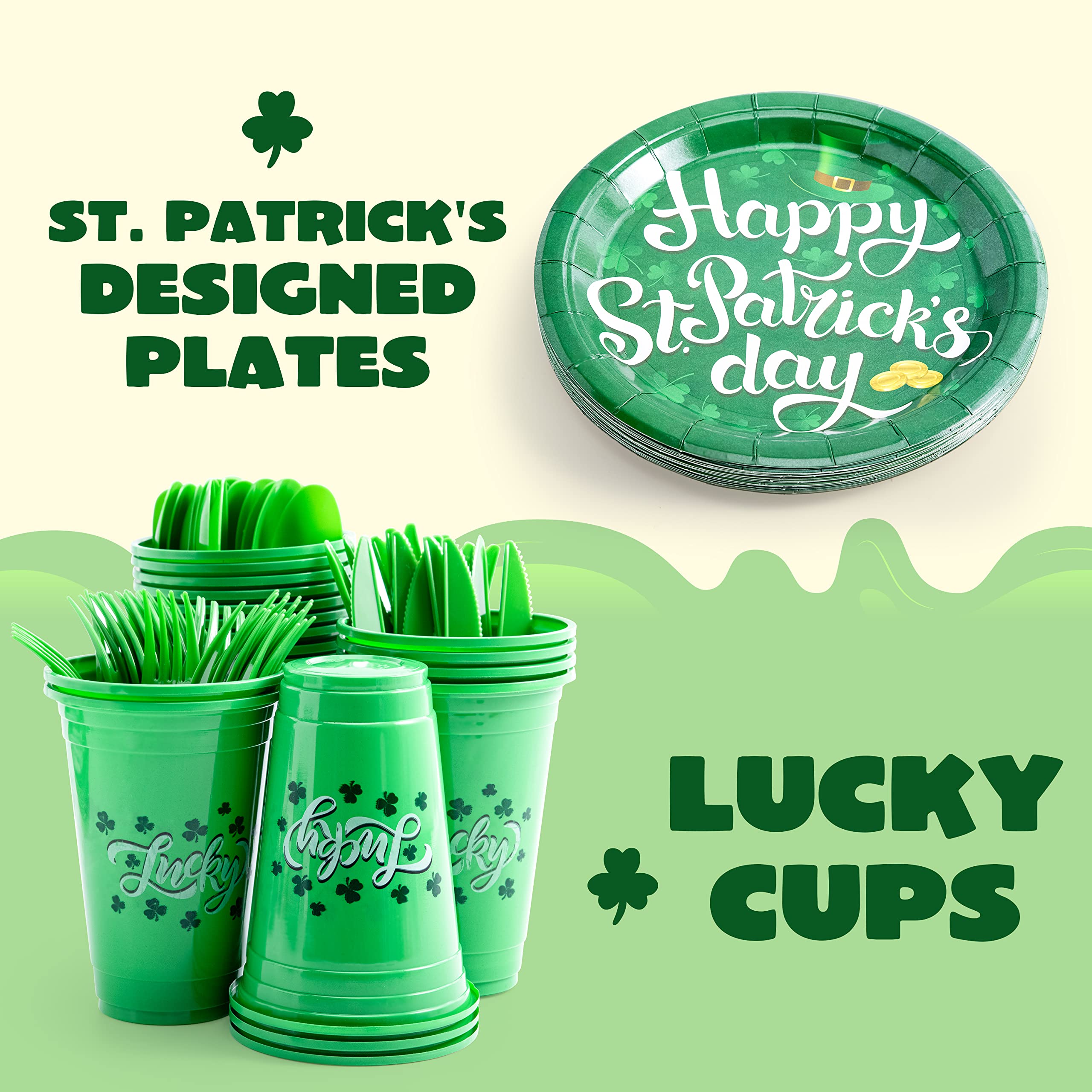 JOYIN 126PCS St. Patrick's Day Party Tableware Set - 18-Person Shamrock Themed Dinner Kit with 9-inch Plates, Cups, Napkins & Cutlery (Forks, Knives, Spoons) - Perfect for Irish Themed Parties, Holiday Celebrations & Family Gatherings