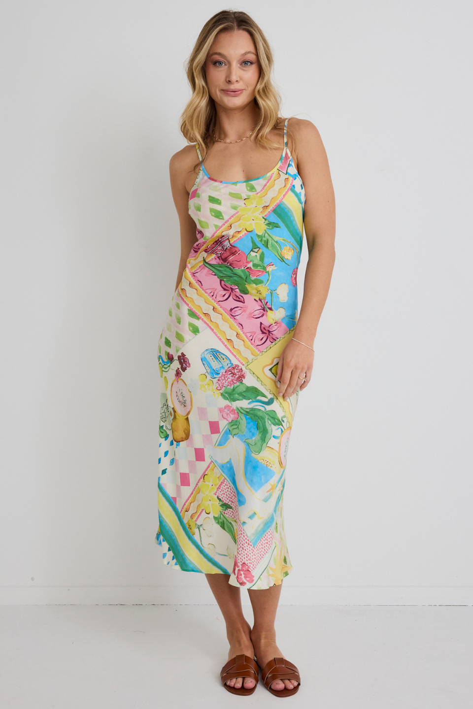 Hologram Pink Holiday Print Bias Slip Dress - Elegant Party Wear for Christmas, New Year & Special Occasions