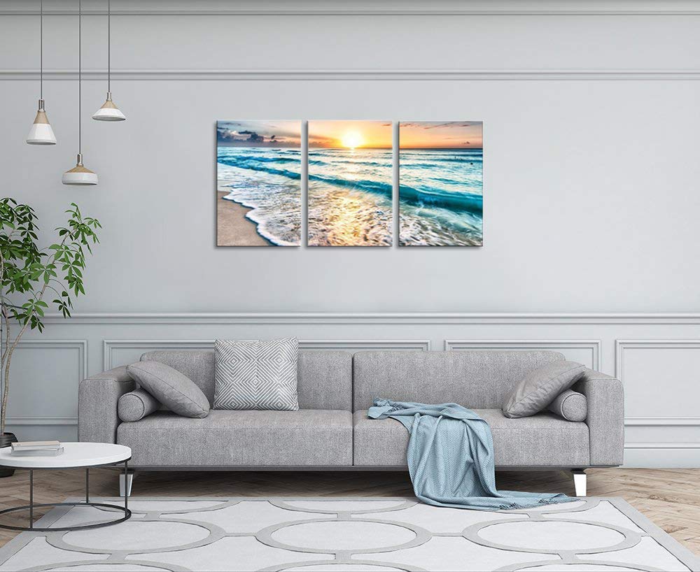 TutuBeer 3 Panel Canvas Wall Art - Blue Sea Sunset White Beach Painting, Seascape Print on Canvas for Living Room & Bedroom Decor - Ready to Hang - Perfect for Coastal, Beach House & Nautical Theme Home Decoration