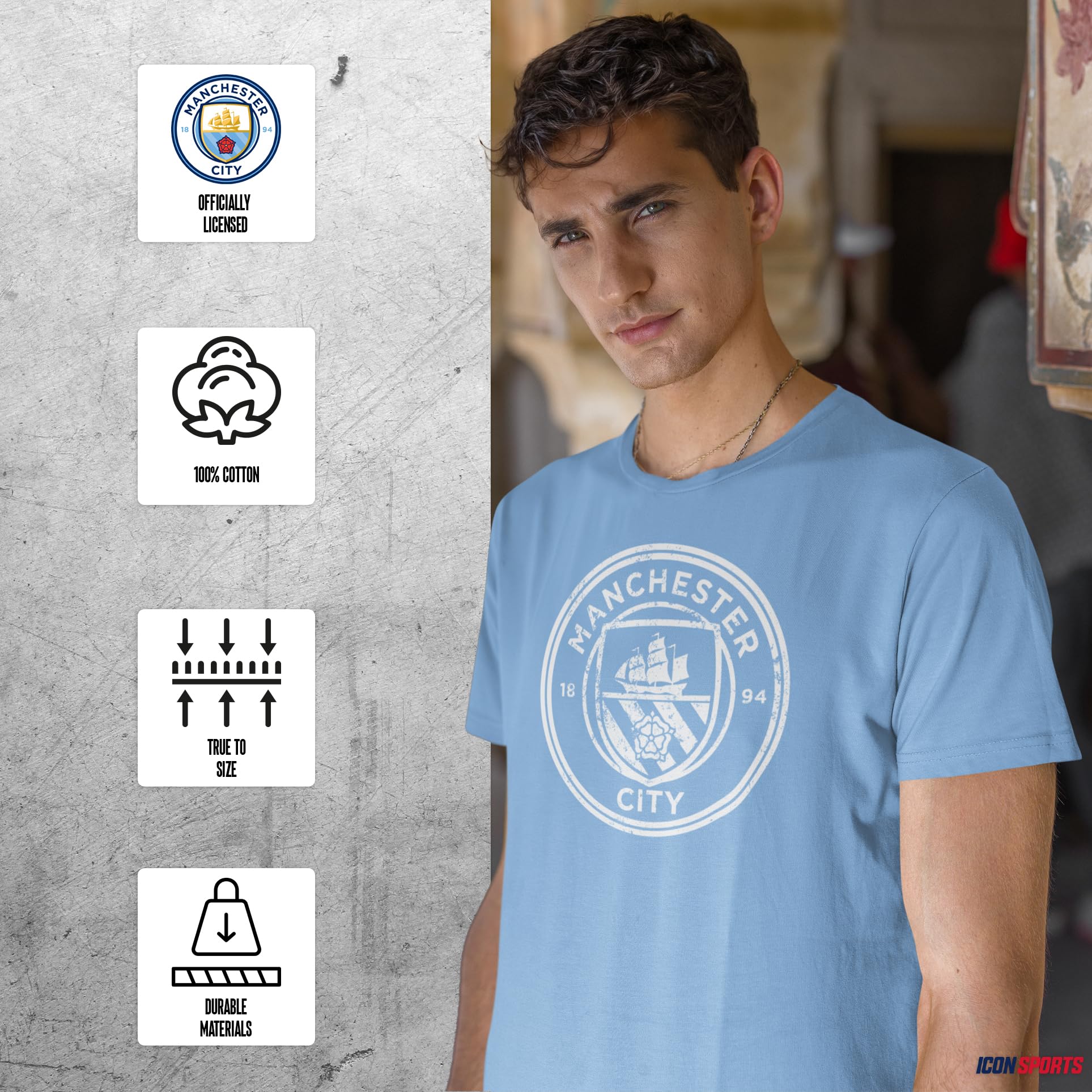 Manchester City FC Vintage Logo Men's Short Sleeve T-Shirt - Official English Premier League Soccer Jersey - Perfect for Match Day, Fan Gifts & Casual Wear