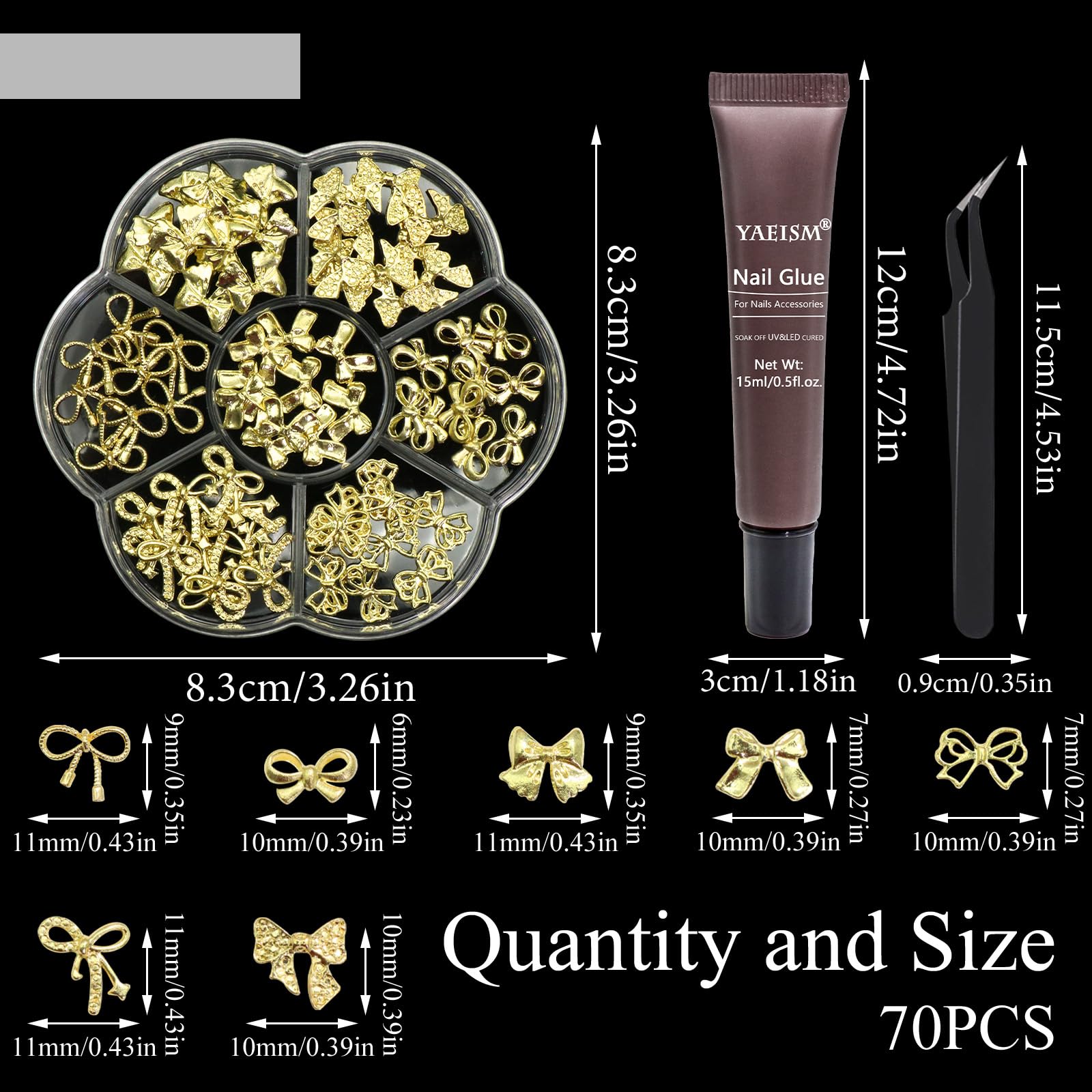 3D Gold Bowknot Nail Charms Kit - 70PCS Bow Nail Art Decorations with Glue Gel & Tweezer for DIY Nails, Manicure, and Crafting - Perfect for Parties, Weddings, and Salon Nail Designs