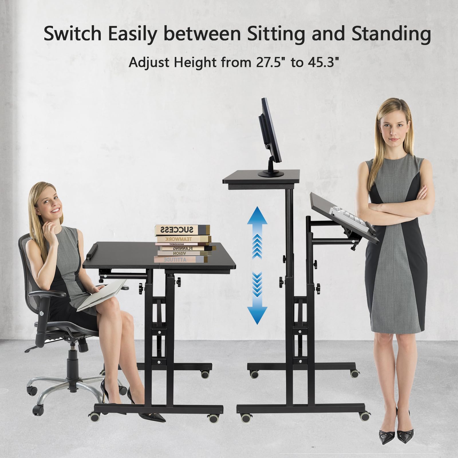 Hadulcet Adjustable Mobile Standing Desk with USB Charging Station - Rolling Laptop Cart with Wheels for Home Office, Classroom & Workspace - Ergonomic Height Adjustable Computer Desk (Black) - Perfect for Remote Work, Online Classes & Small Spaces