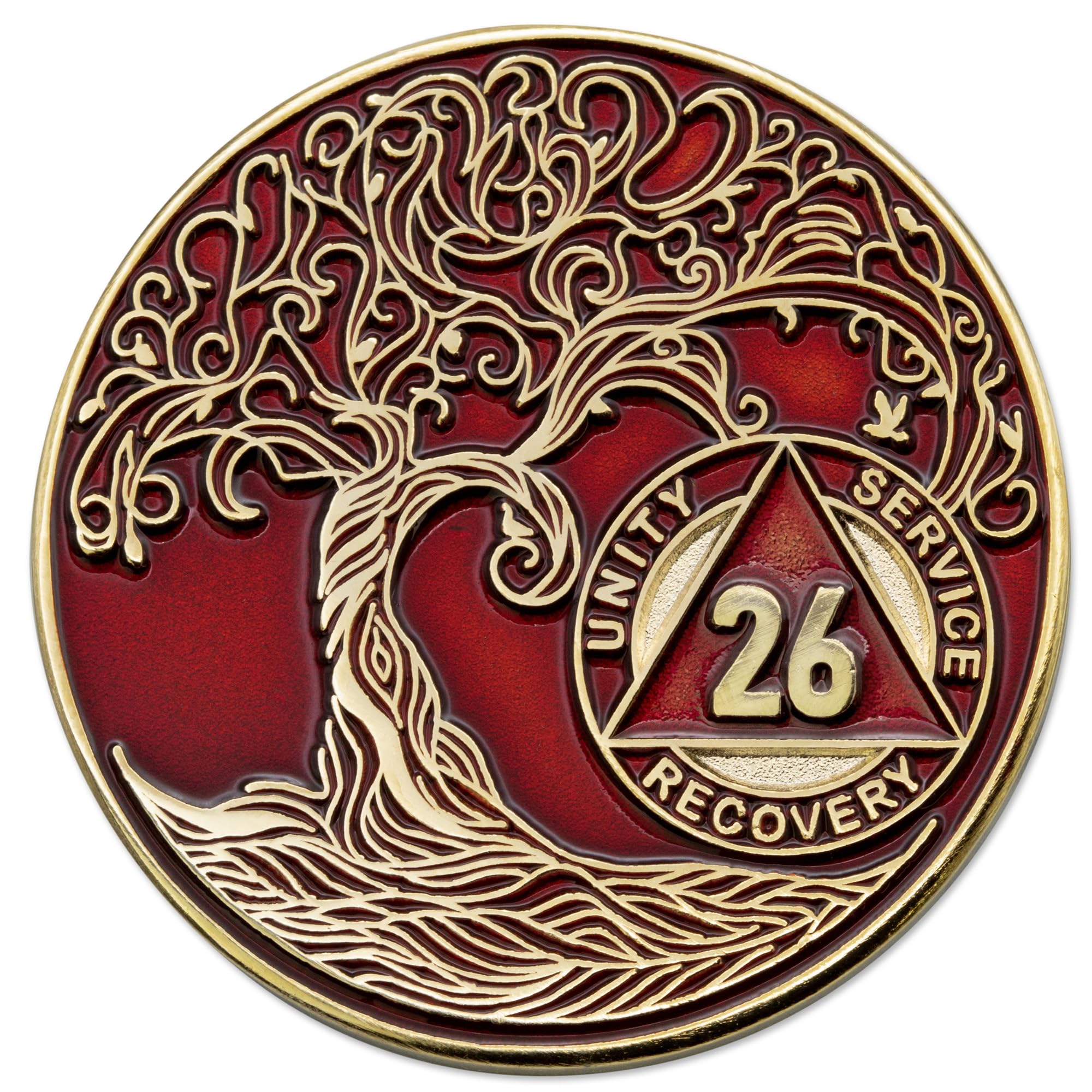 26 Year AA Sobriety Medallion - Gold Plated Twisted Tree of Life Recovery Chip for Alcoholics Anonymous (Red) - Perfect for AA Milestone Celebrations & 12-Step Program Gifts
