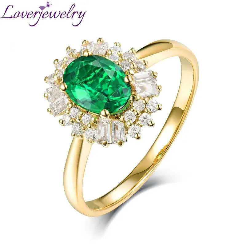 14K Yellow Gold Oval Emerald & Diamond Ring for Women - 0.8ct Natural Gemstone Engagement Ring, Luxury Jewelry Gift for Anniversary, Valentine's Day & Special Occasions