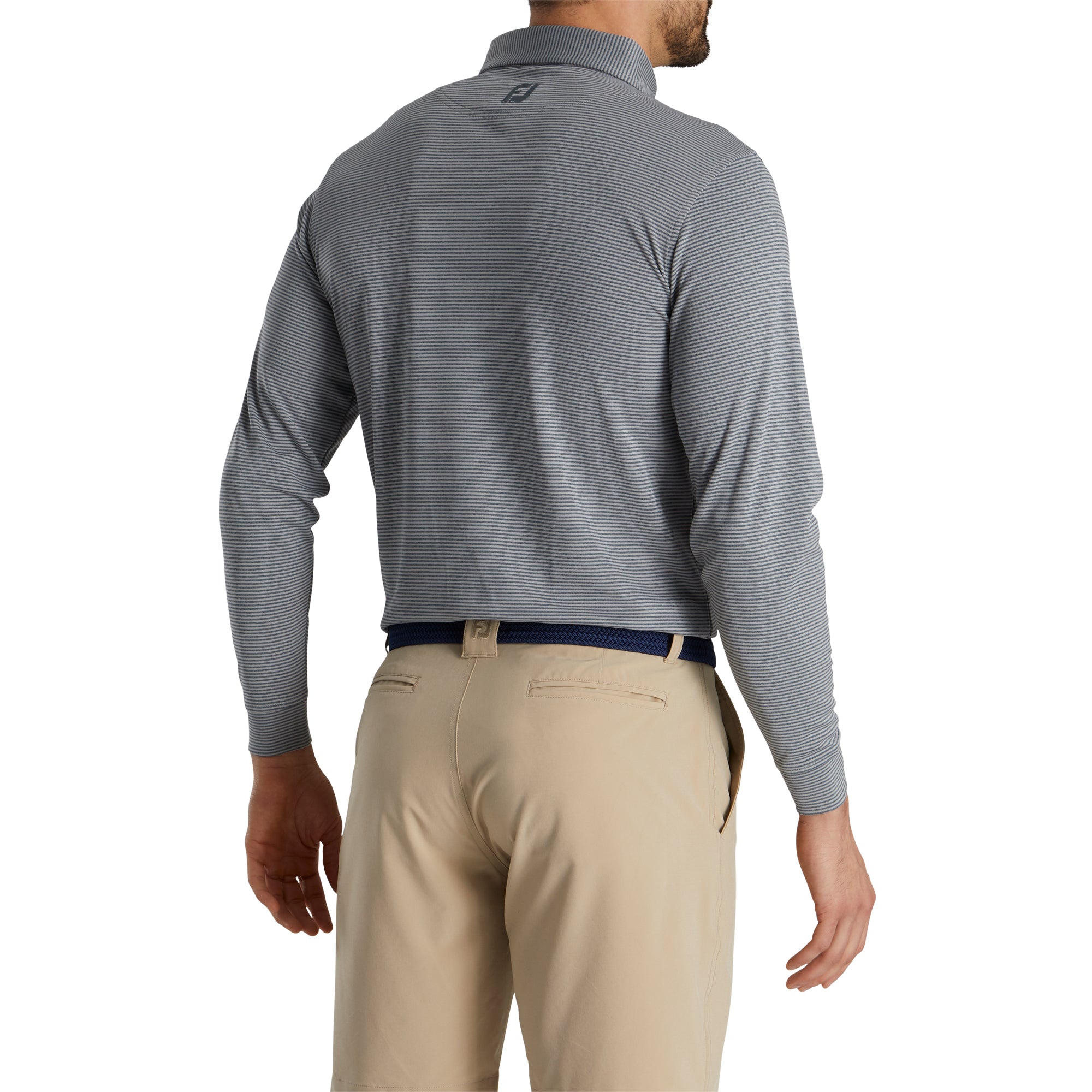 FootJoy Men's Long Sleeve Golf Polo Shirt - Heather Smoke Stripe Jersey Feeder - Moisture Wicking & UV Protection for Golf Course & Casual Wear
