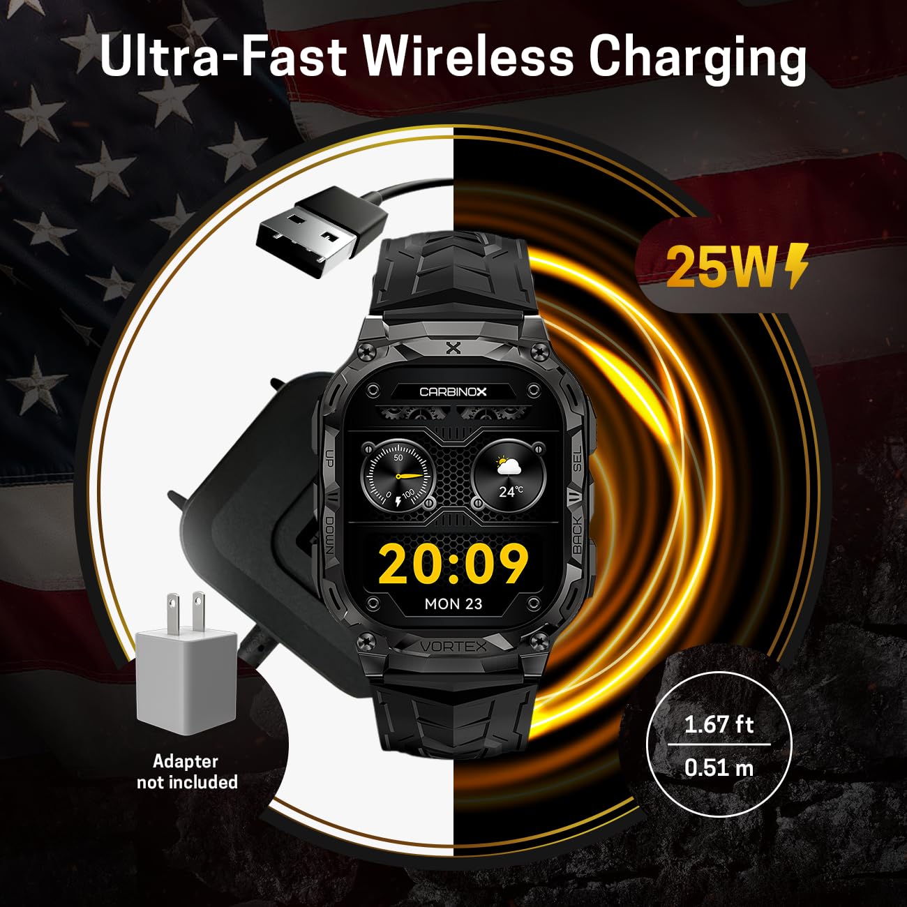 CARBINOX Vortex Smart Watch with Charger - Rugged IP69K Waterproof Fitness Tracker for Android & iOS, 14-Day Battery Life, Military-Grade Durability - Perfect for Outdoor Sports, Hiking, and Daily Fitness Tracking