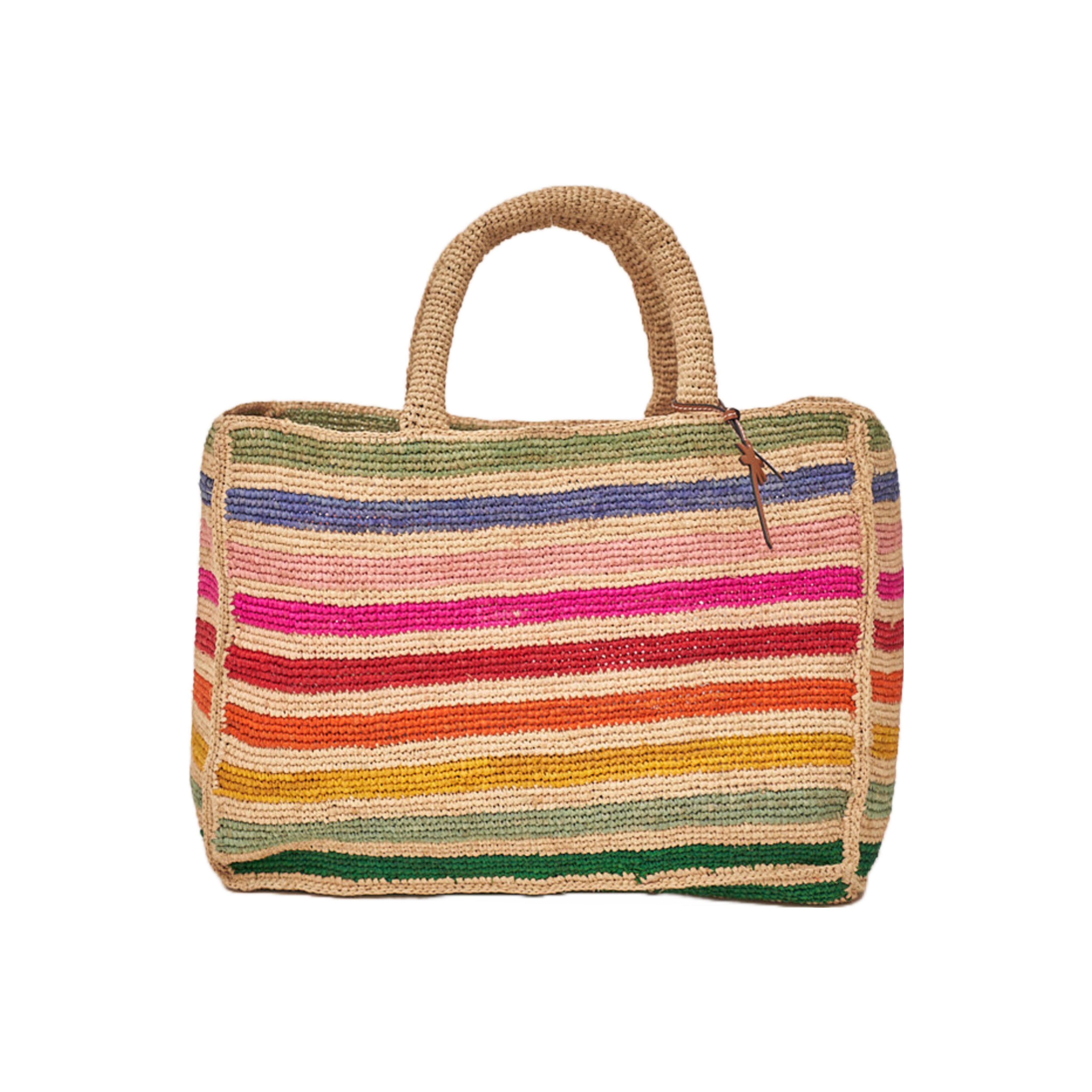 Manebi Sunset Large Natural Raffia Tote Bag with Rainbow Stripes - Perfect for Beach Vacations, Summer Outings, and Boho Fashion