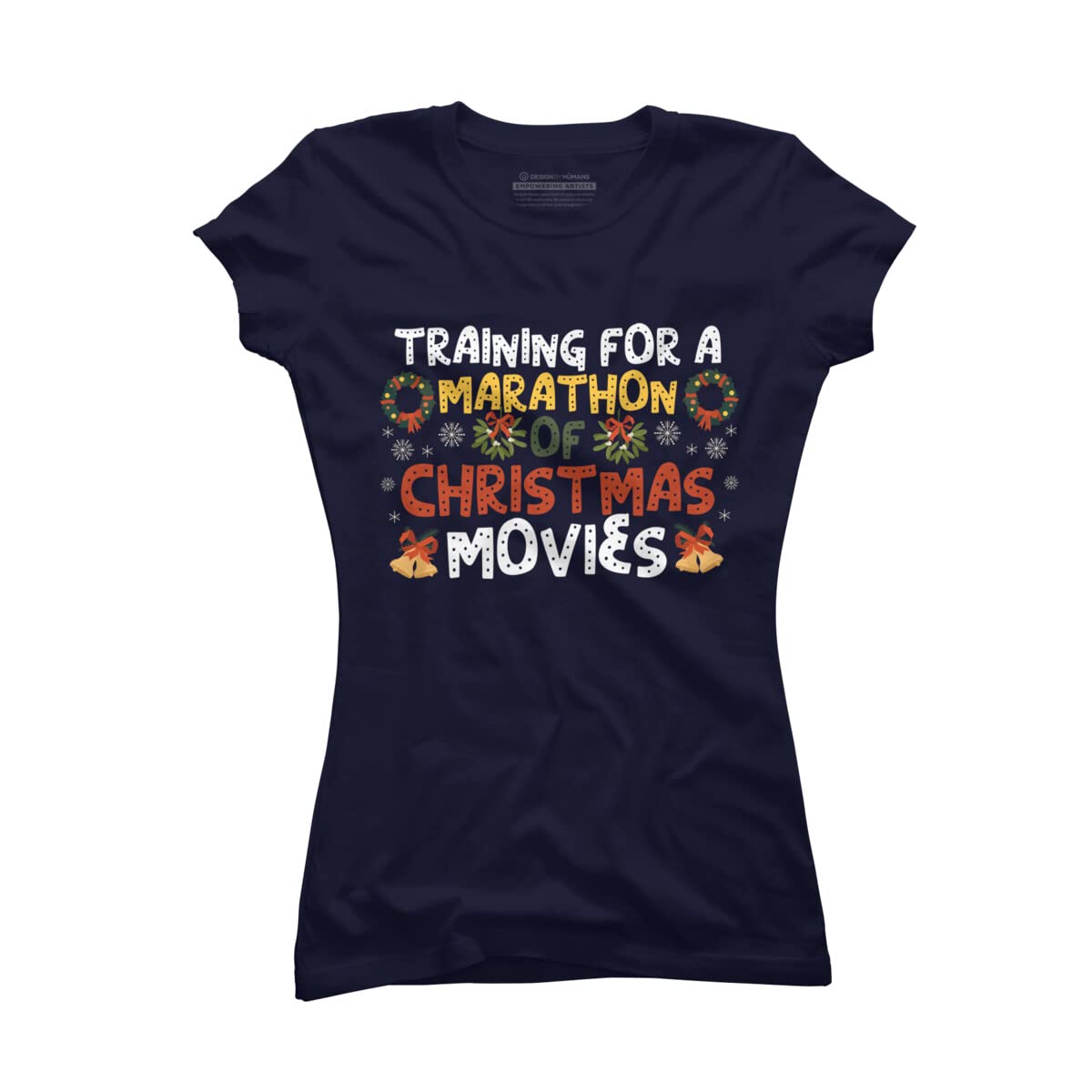 Design By Humans Junior's Marathon Training & Christmas Movies T-Shirt - Soft Cotton Tee for Women - Perfect for Gym, Running, Holiday Parties & Casual Wear