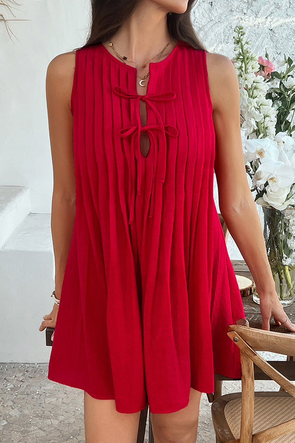 Solid Color Sleeveless Tie Pleated Casual Mini Dress for Women - Summer Beach Party, Date Night & Vacation Outfit