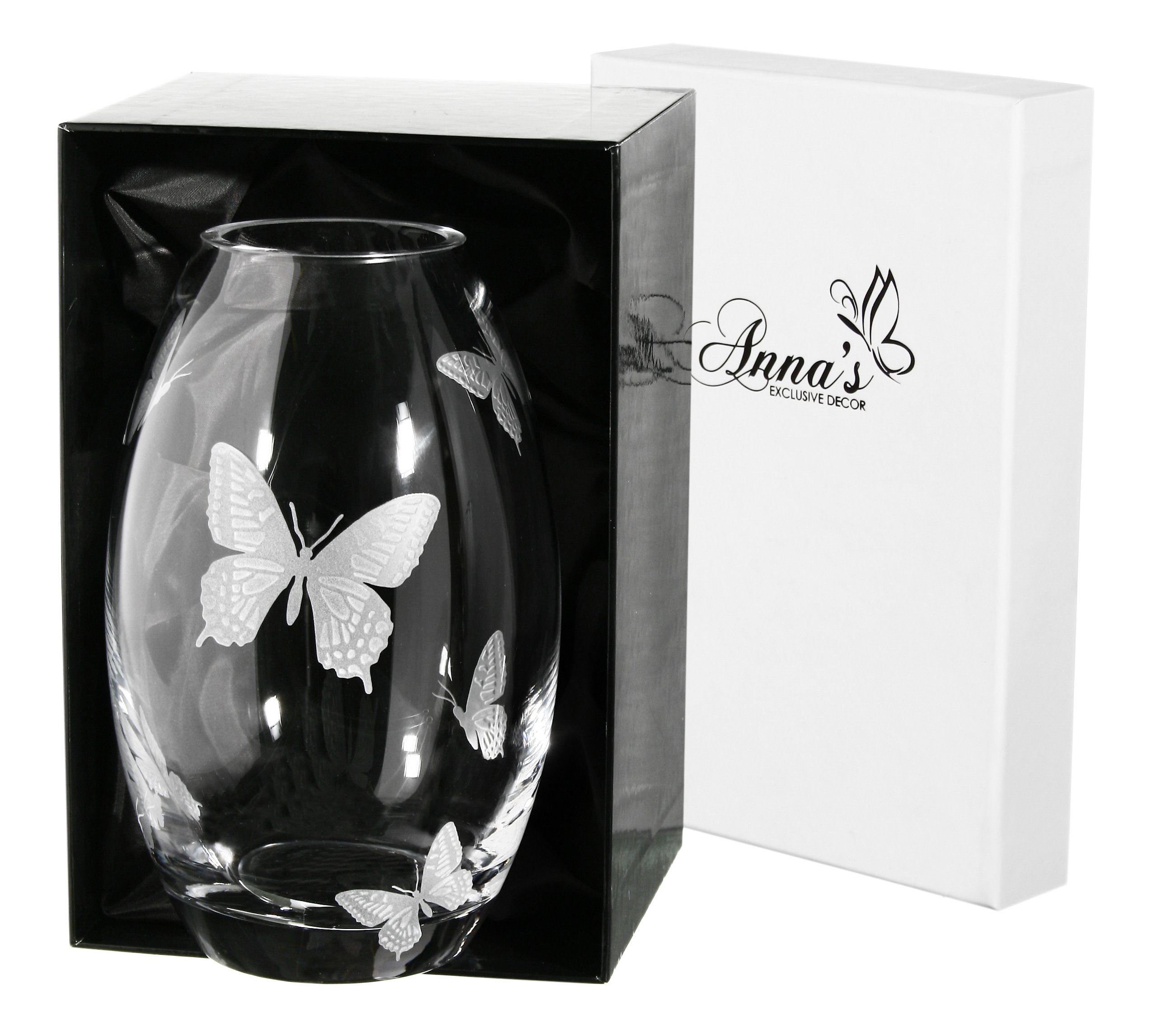 Luxury Handmade Glass Butterfly Vase - Sandblasted Butterfly Decor, Elegant Satin-Lined Gift Box - European Design Clear Vase 9.1 Inch (23 cm) - Perfect for Home Decor, Wedding Centerpieces & Gift Giving